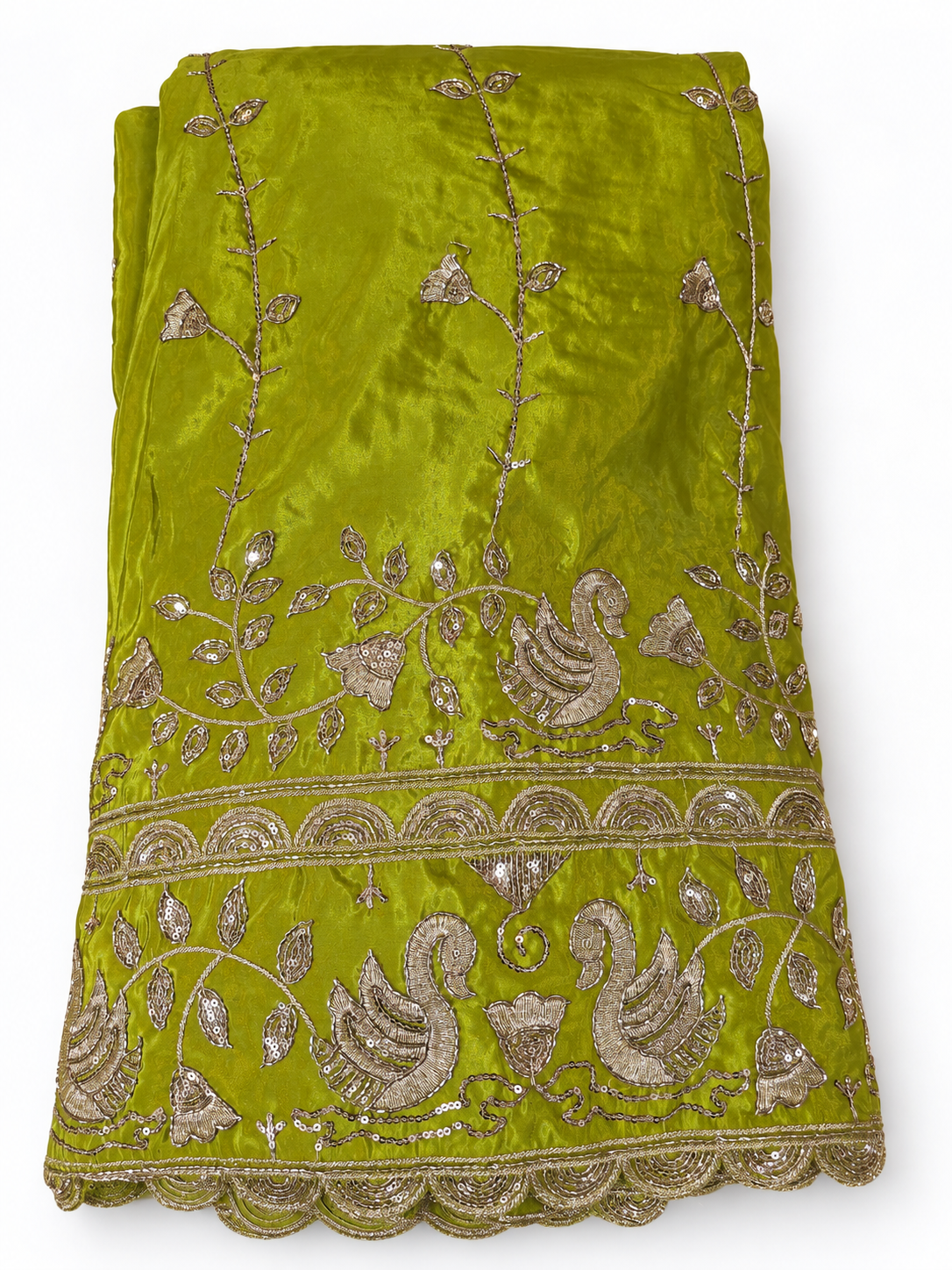 Exquisite Heavy Embroidered Fabric with Royal Swan Motifs and Sequin Work