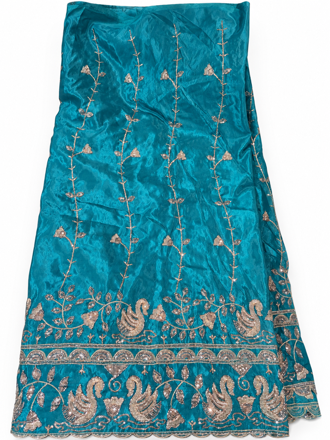 Exquisite Heavy Embroidered Fabric with Royal Swan Motifs and Sequin Work