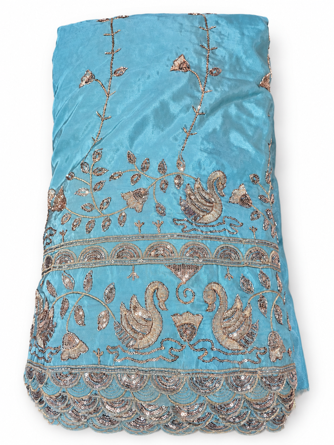 Exquisite Heavy Embroidered Fabric with Royal Swan Motifs and Sequin Work