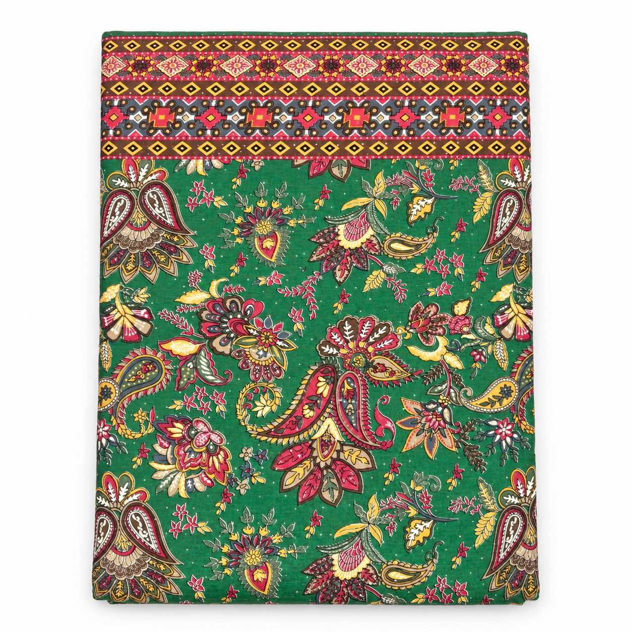Multicolour Floral & Paisley Printed Fabric with Geometric Border