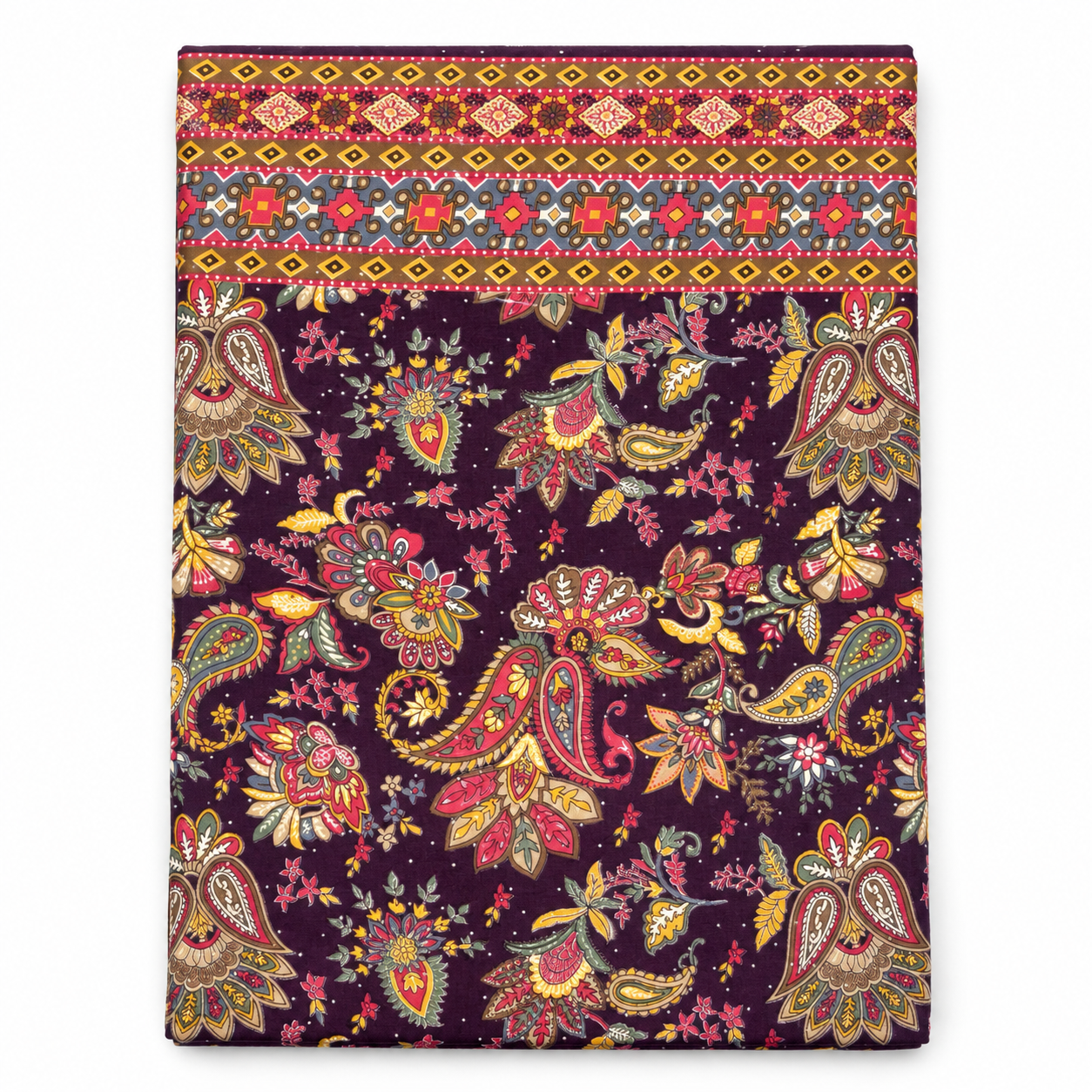 Multicolour Floral & Paisley Printed Fabric with Geometric Border