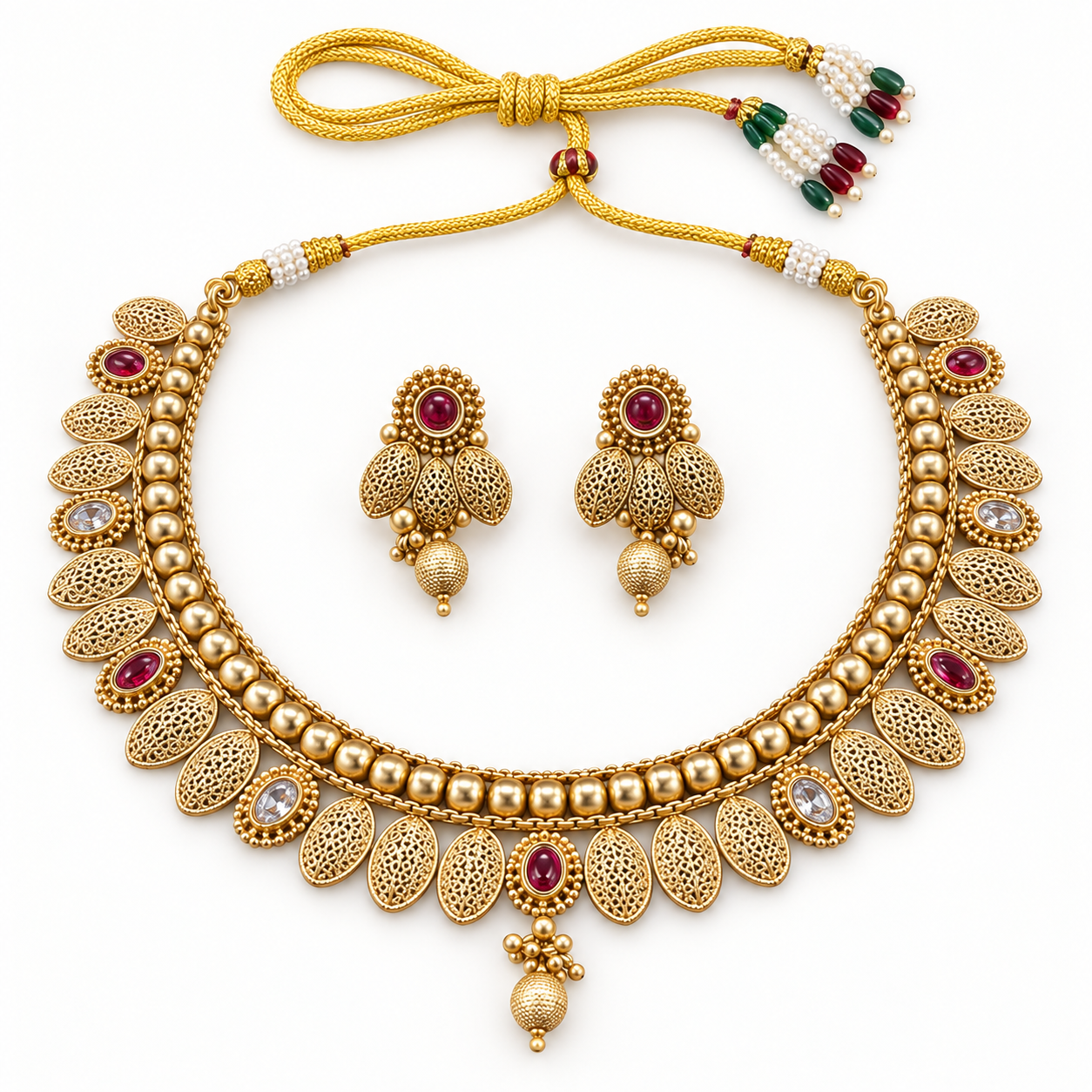 Antique Gold-Tone Leaf Design Necklace Set with Matching Earrings