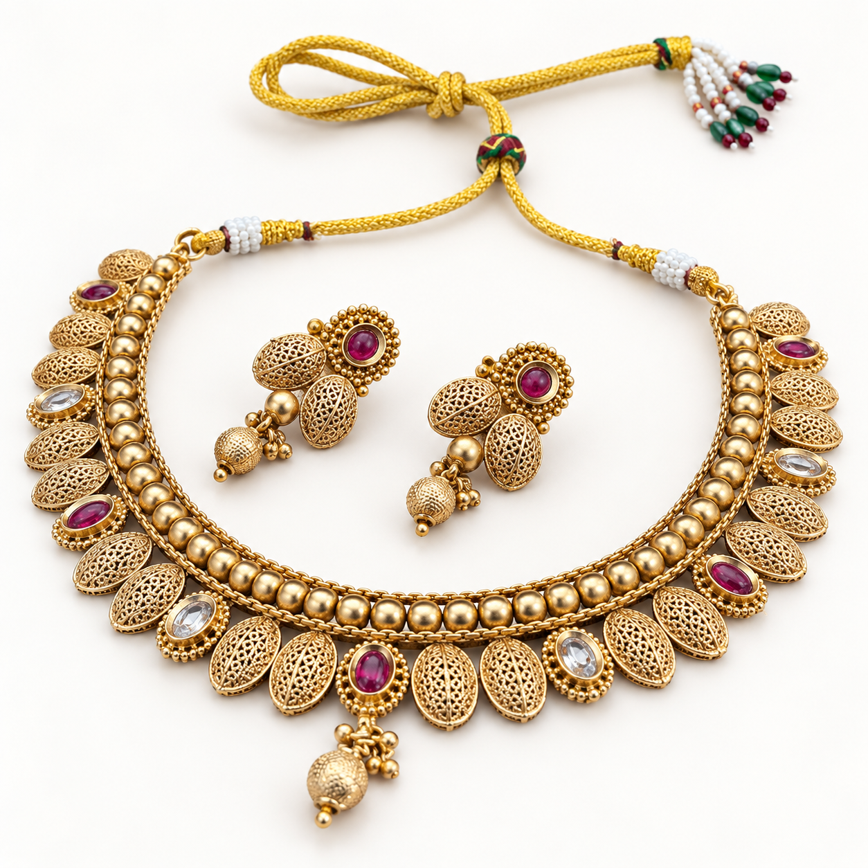 Antique Gold-Tone Leaf Design Necklace Set with Matching Earrings