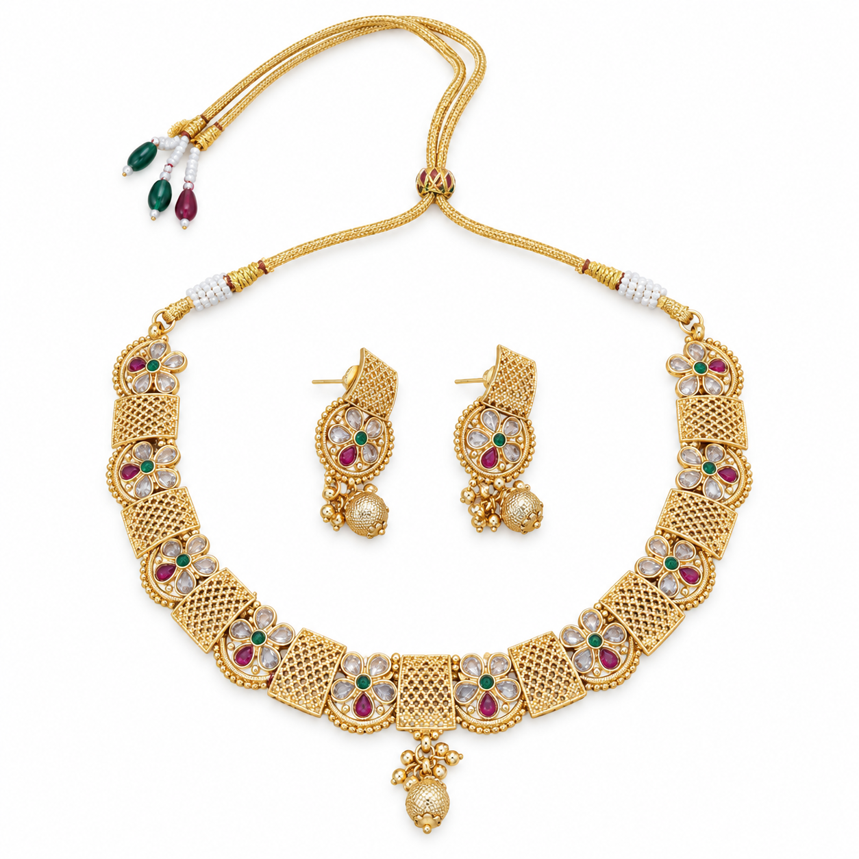 Gold-Tone Floral Stone & Jaali Design Necklace Set with Matching Earrings