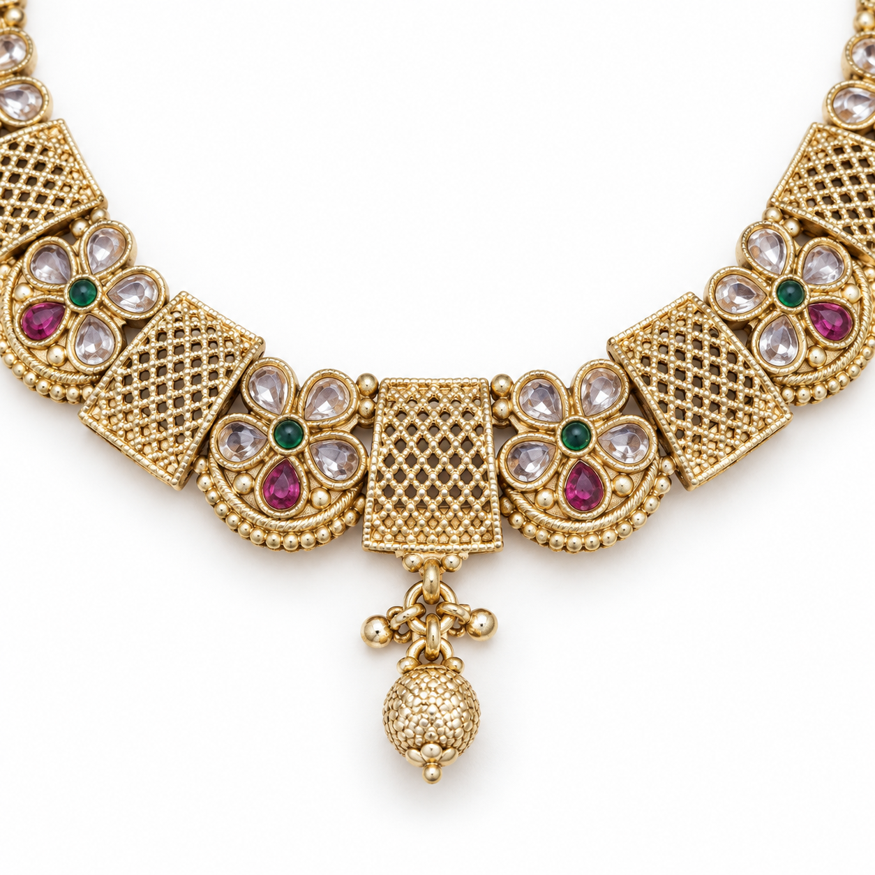 Gold-Tone Floral Stone & Jaali Design Necklace Set with Matching Earrings