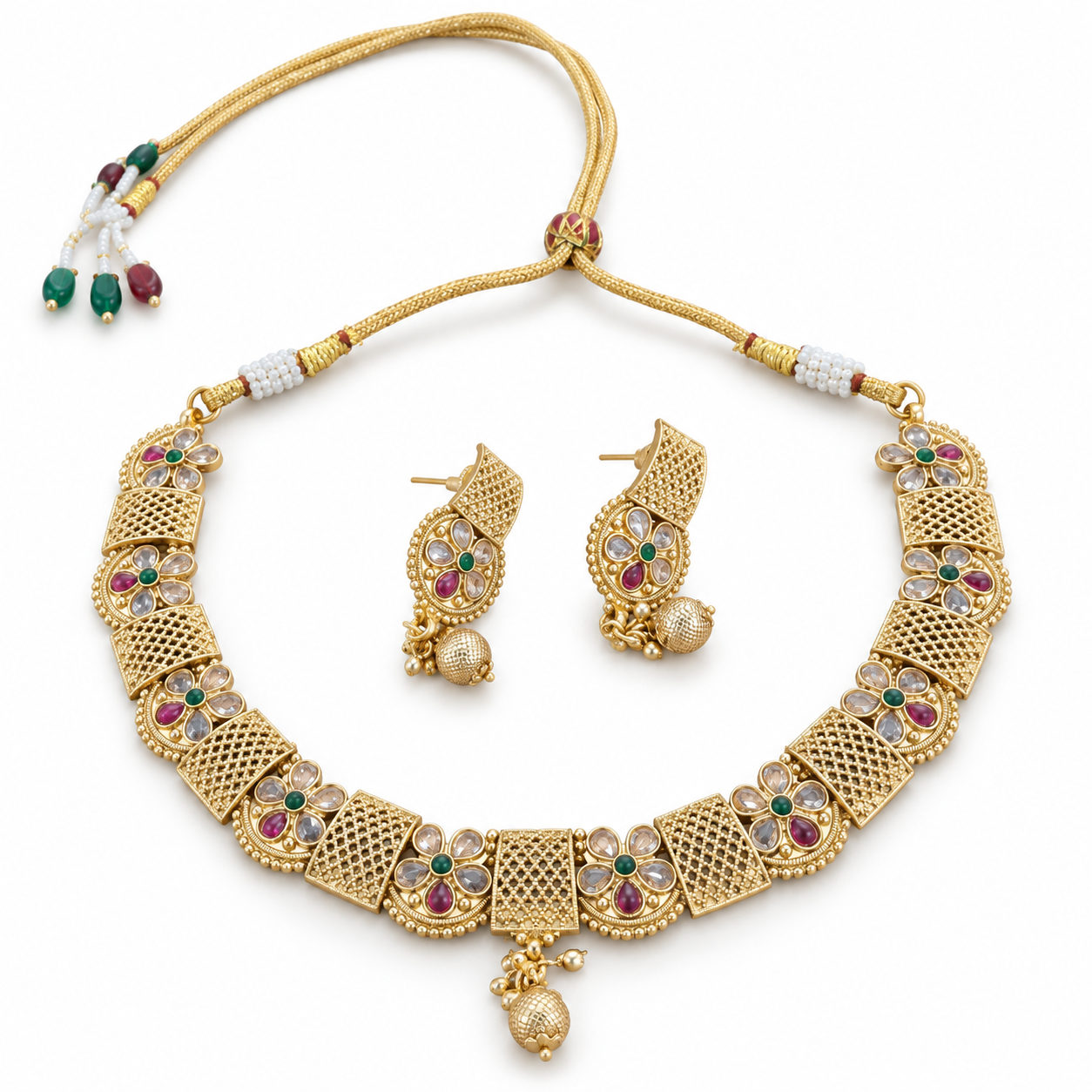 Gold-Tone Floral Stone & Jaali Design Necklace Set with Matching Earrings