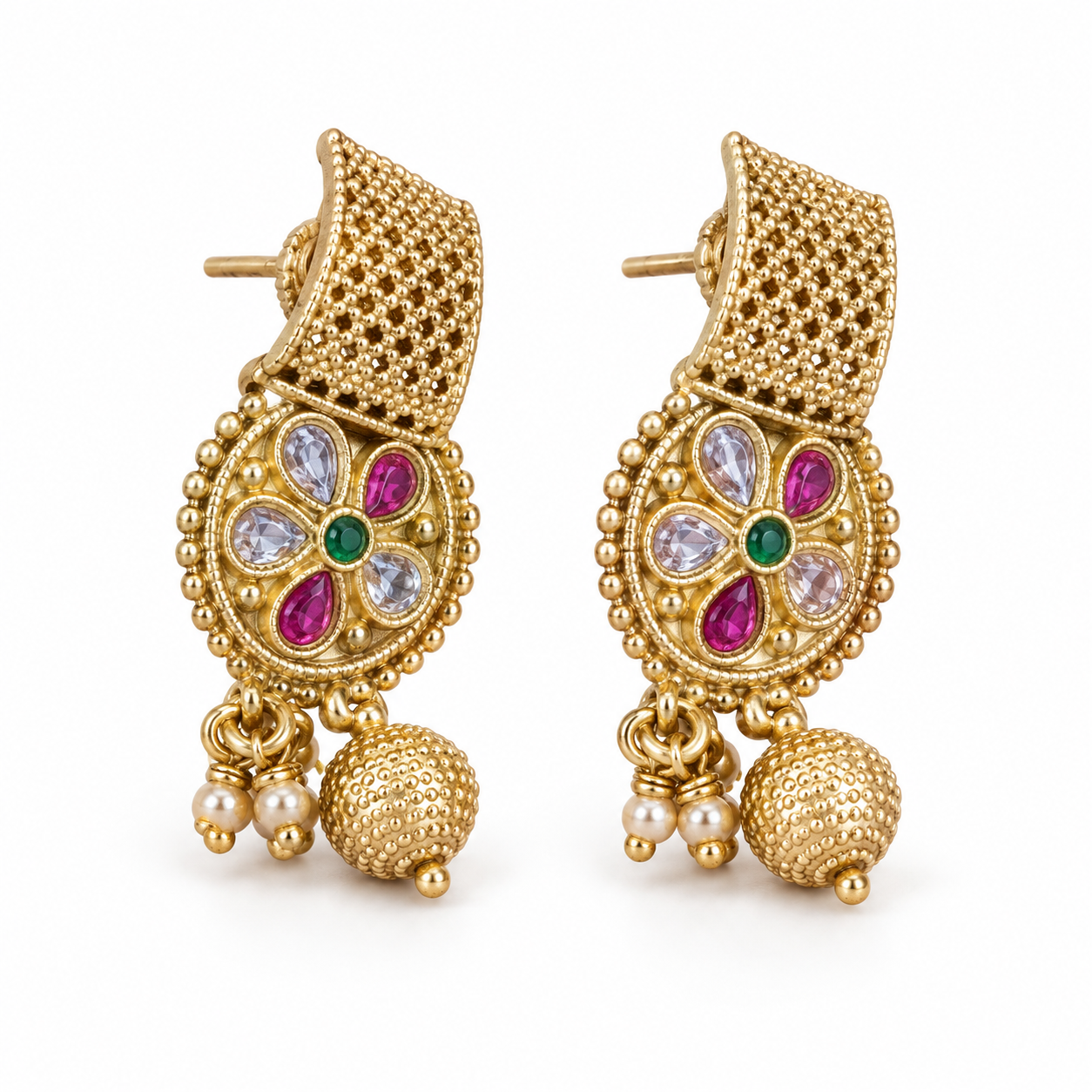 Gold-Tone Floral Stone & Jaali Design Necklace Set with Matching Earrings