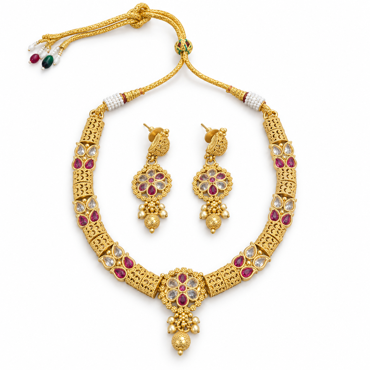 Gold-Tone Floral Pendant Necklace Set with Pink & Clear Stones