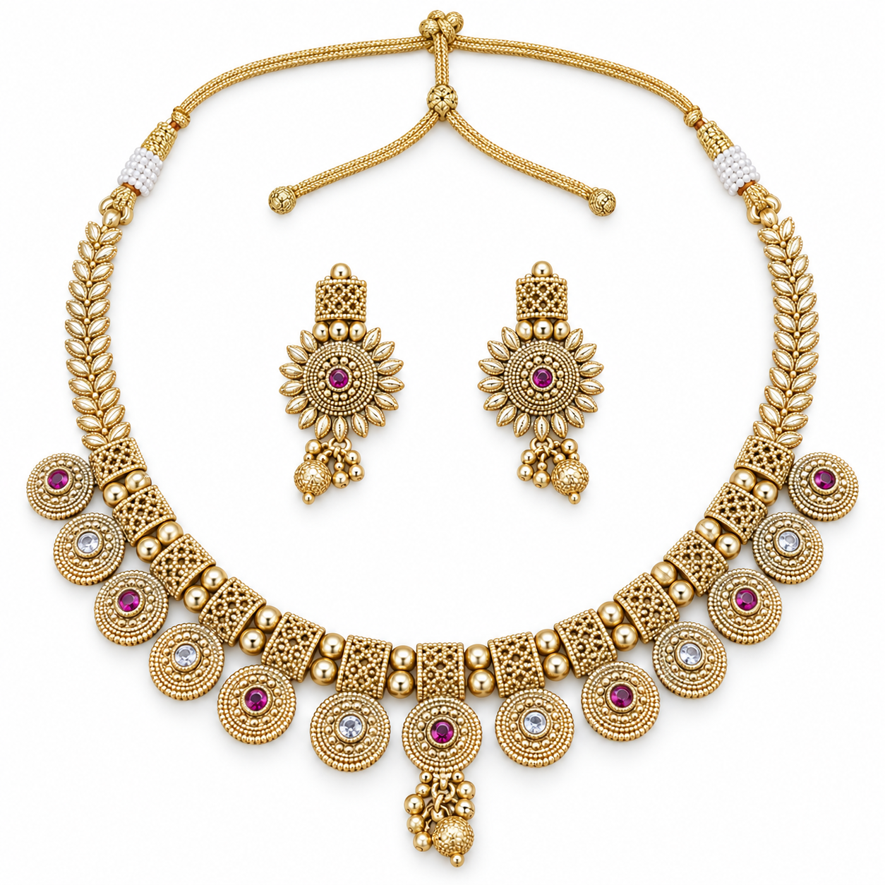 Antique Gold-Tone Round Drop Necklace Set with Sunburst Earrings