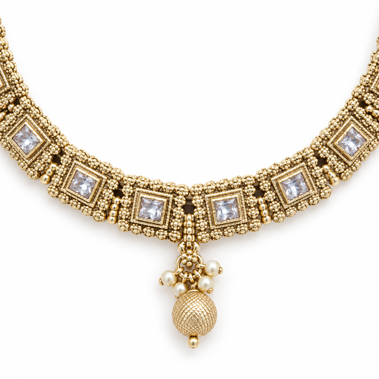 Antique Gold-Tone Square Stone Necklace Set with Matching Drop Earrings