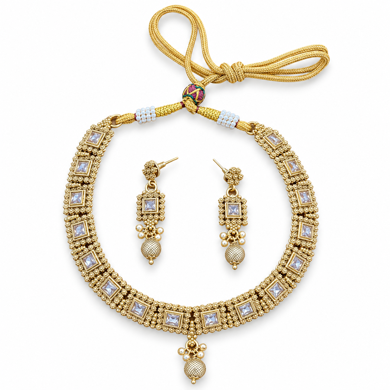 Antique Gold-Tone Square Stone Necklace Set with Matching Drop Earrings