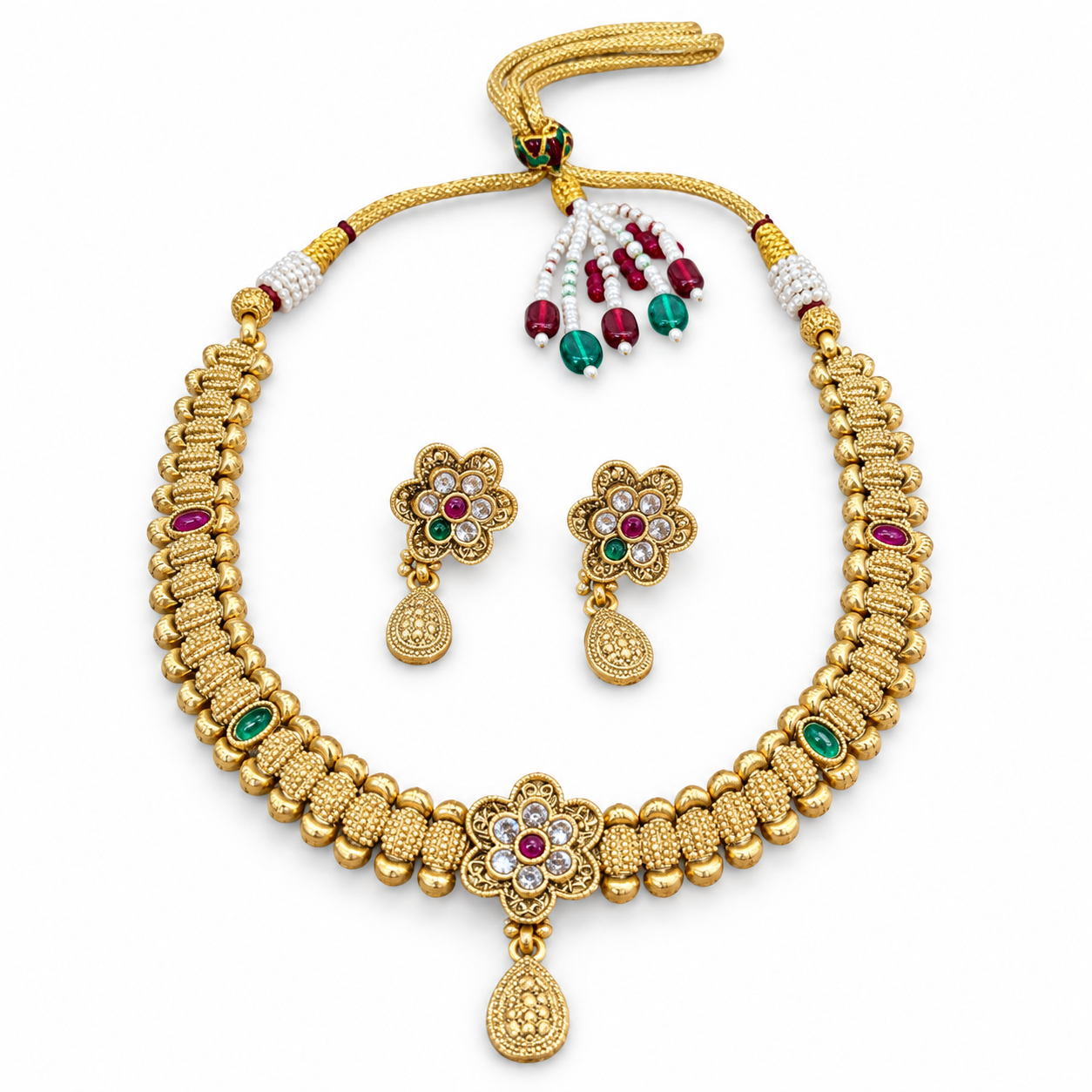 Antique Gold-Tone Floral Necklace Set with Teardrop Pendant & Matching Earrings