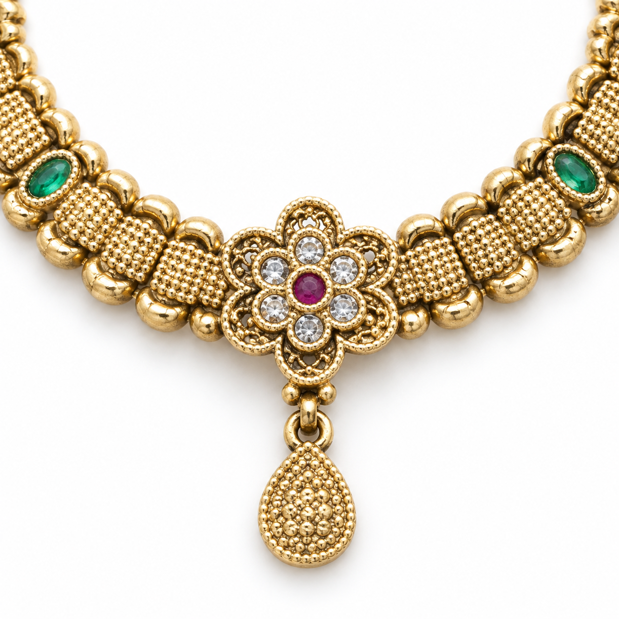 Antique Gold-Tone Floral Necklace Set with Teardrop Pendant & Matching Earrings