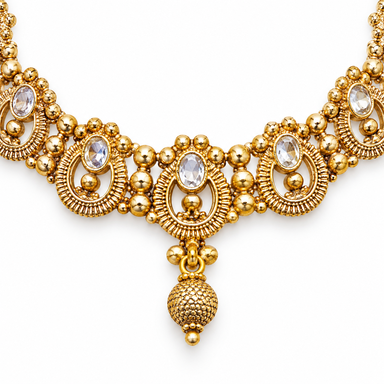 Antique Gold-Tone Oval Stone Necklace Set with Jhumka Earrings