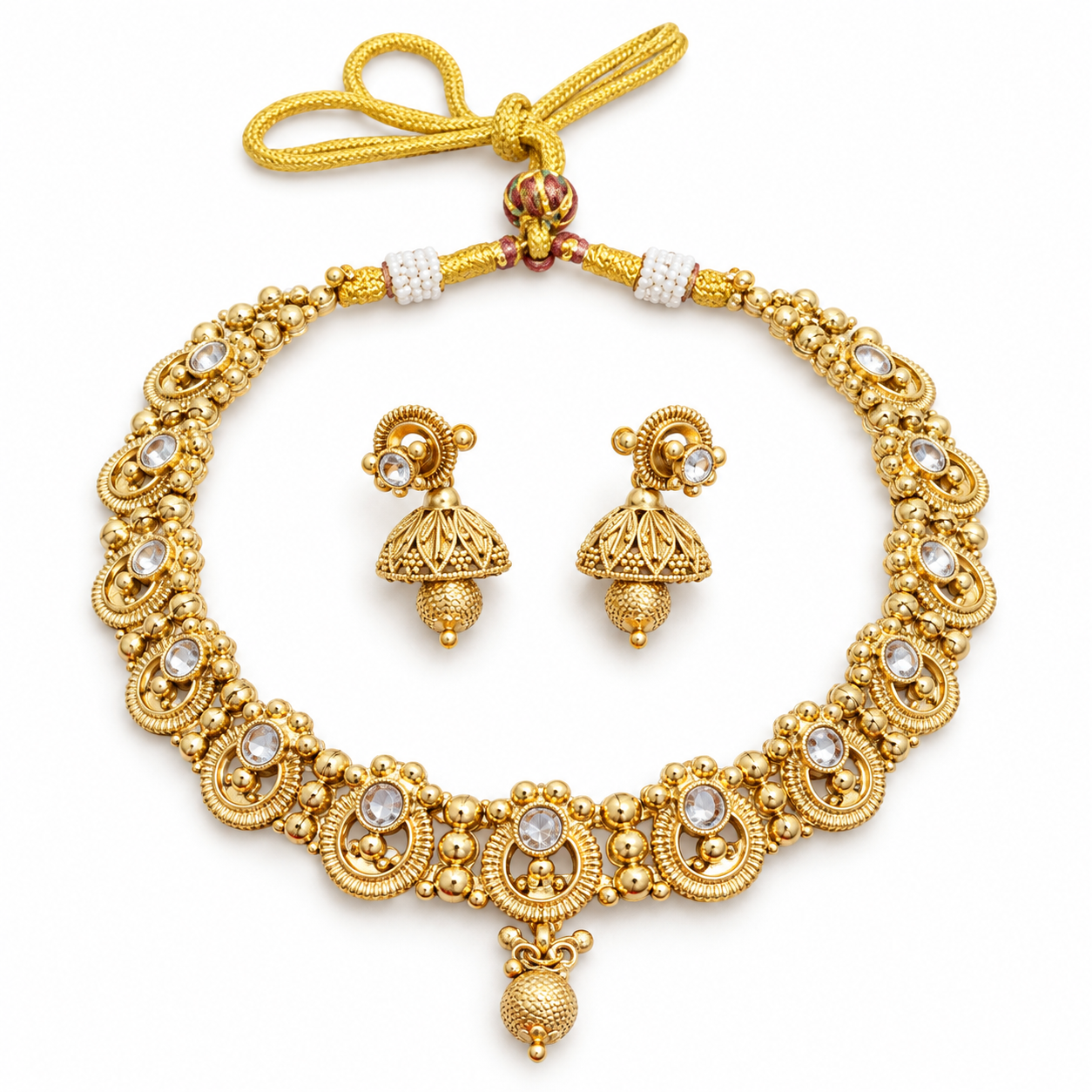 Antique Gold-Tone Oval Stone Necklace Set with Jhumka Earrings