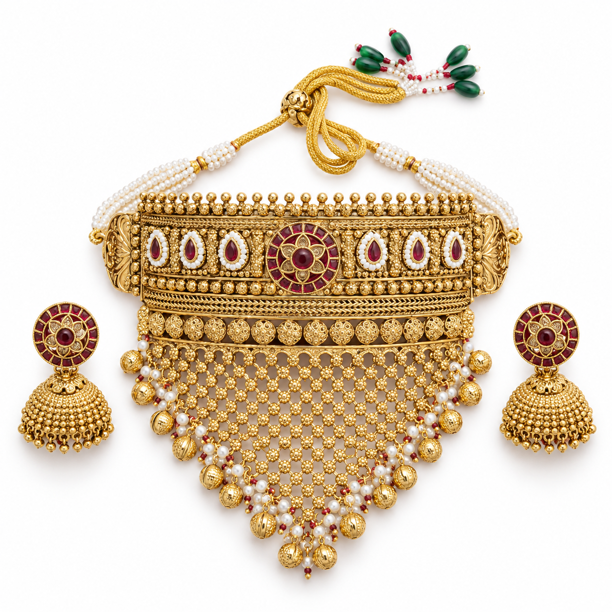 Antique Gold-Tone Choker Set with Mesh Drape & Matching Jhumka Earrings