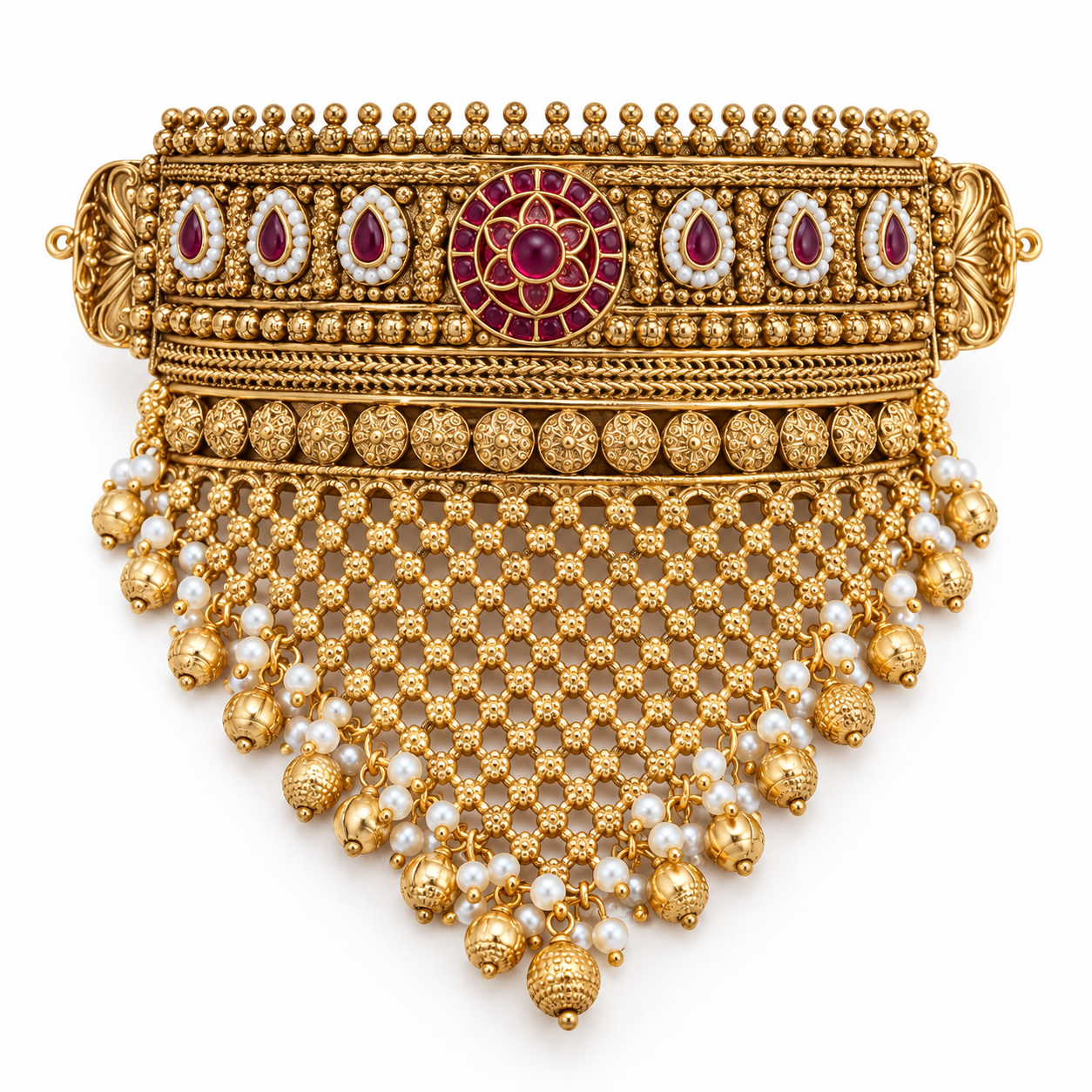 Antique Gold-Tone Choker Set with Mesh Drape & Matching Jhumka Earrings