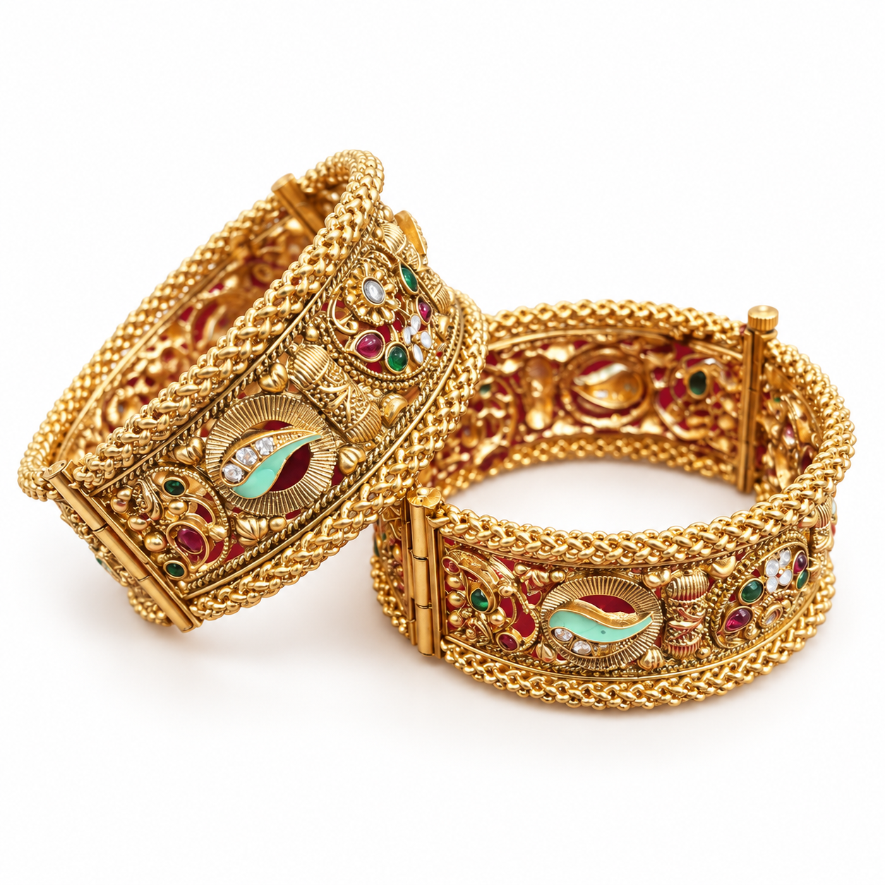 Antique Gold-Tone Peacock Design Kada Set with Multicolour Stones
