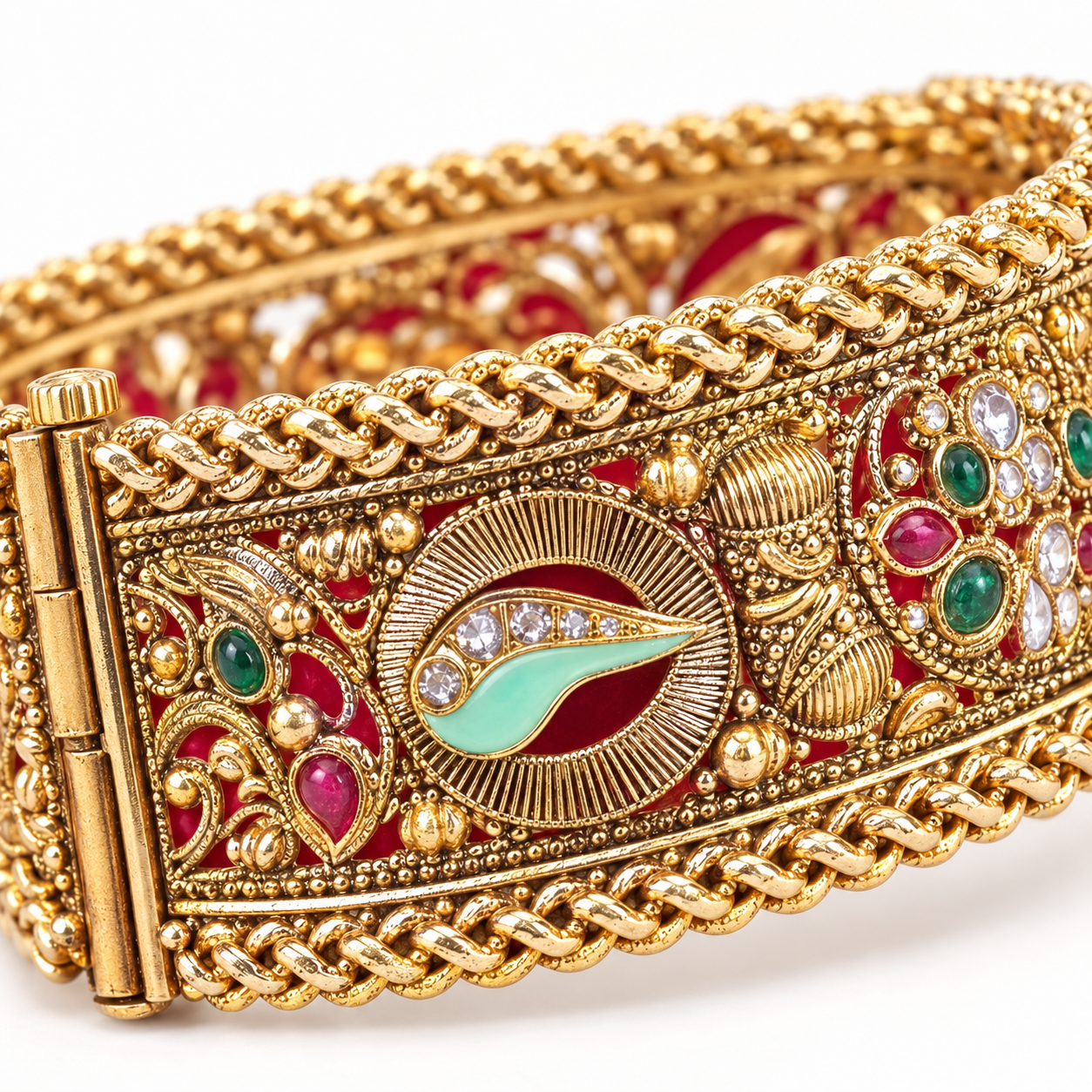 Antique Gold-Tone Peacock Design Kada Set with Multicolour Stones