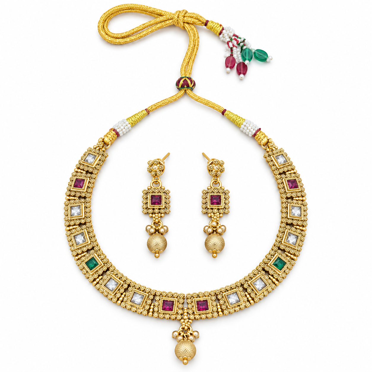 Antique Gold-Tone Multicolour Square Stone Necklace Set with Matching Drop Earrings