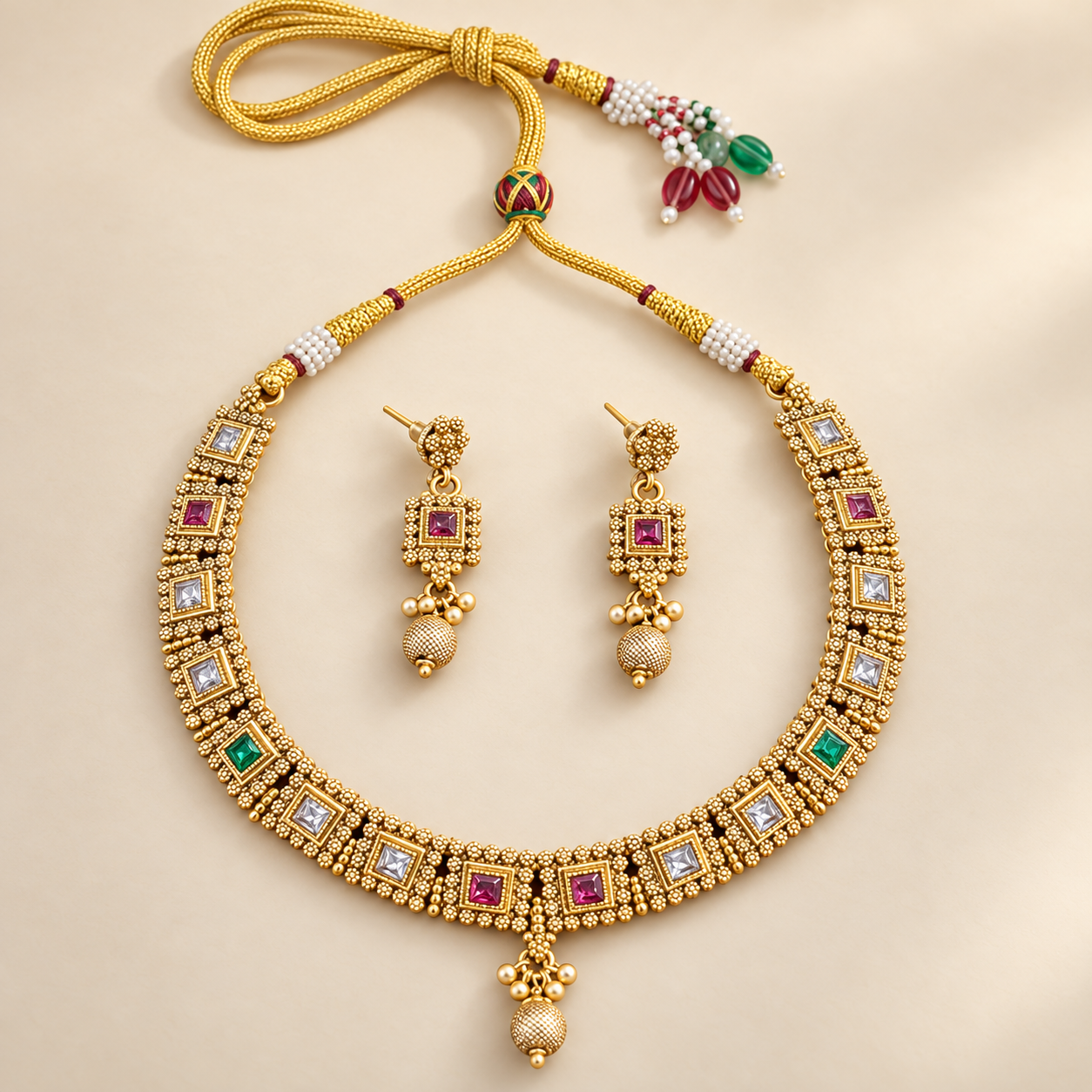 Antique Gold-Tone Multicolour Square Stone Necklace Set with Matching Drop Earrings
