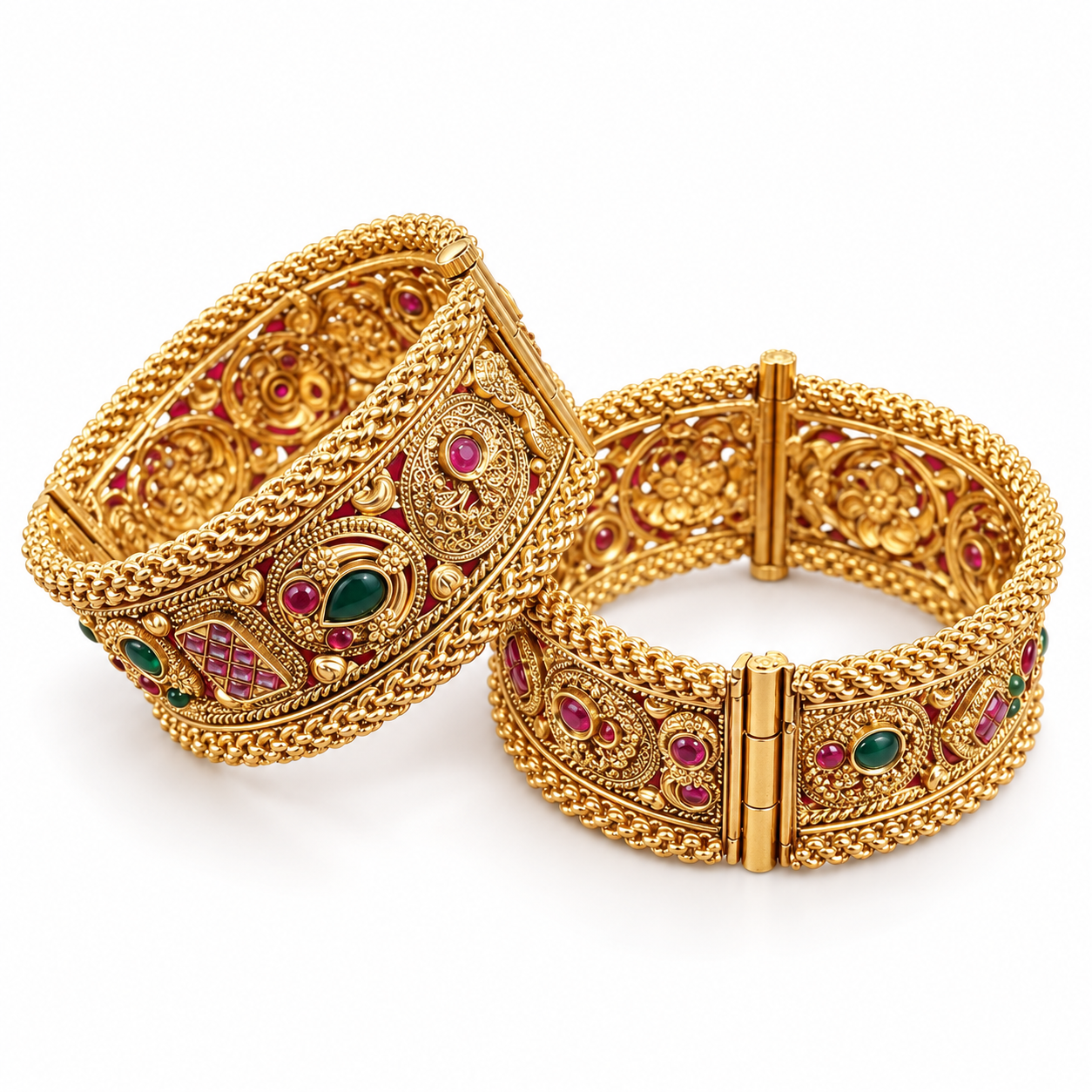 Antique Gold-Tone Multicolour Stone Broad Kada Bangles – Set of 2