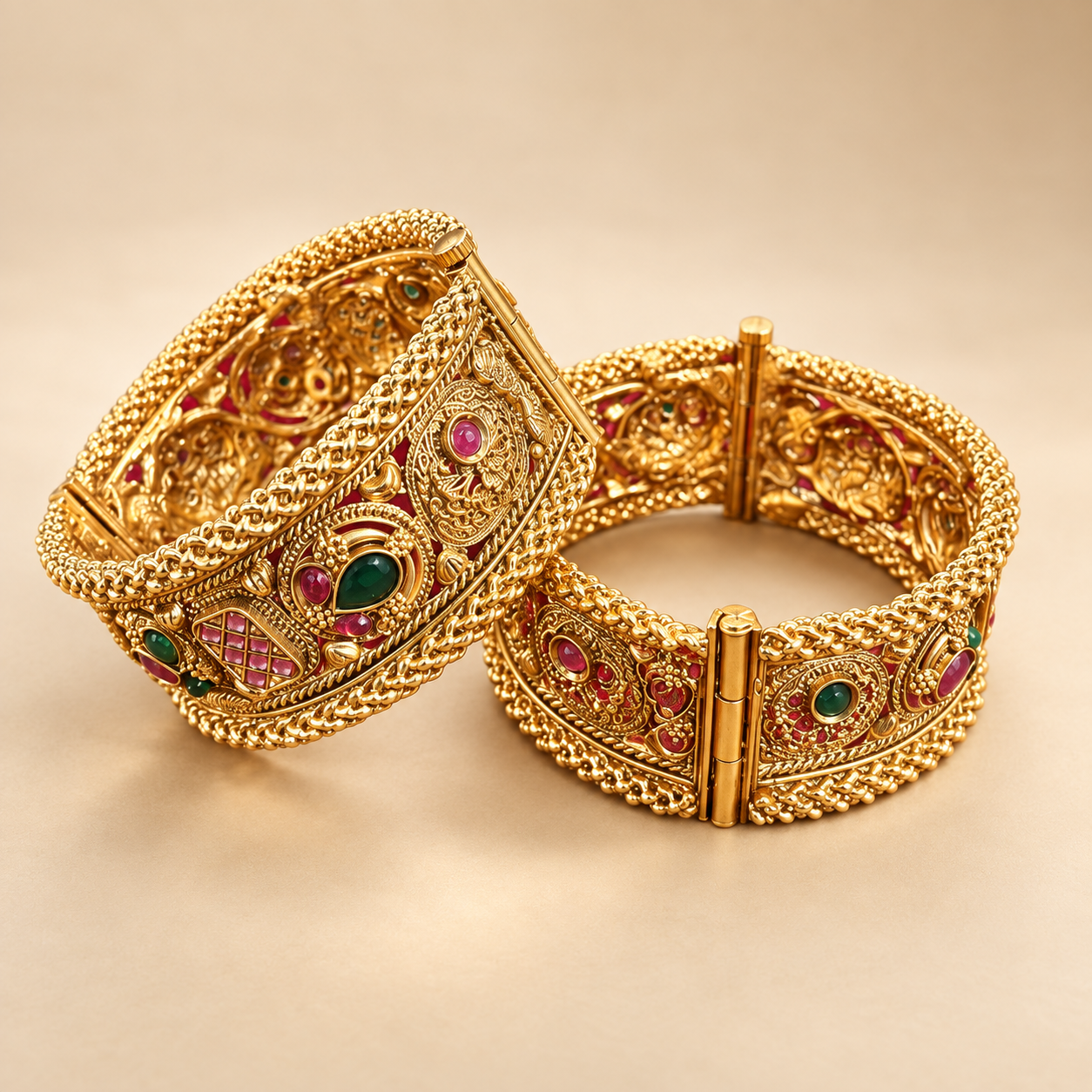 Antique Gold-Tone Multicolour Stone Broad Kada Bangles – Set of 2