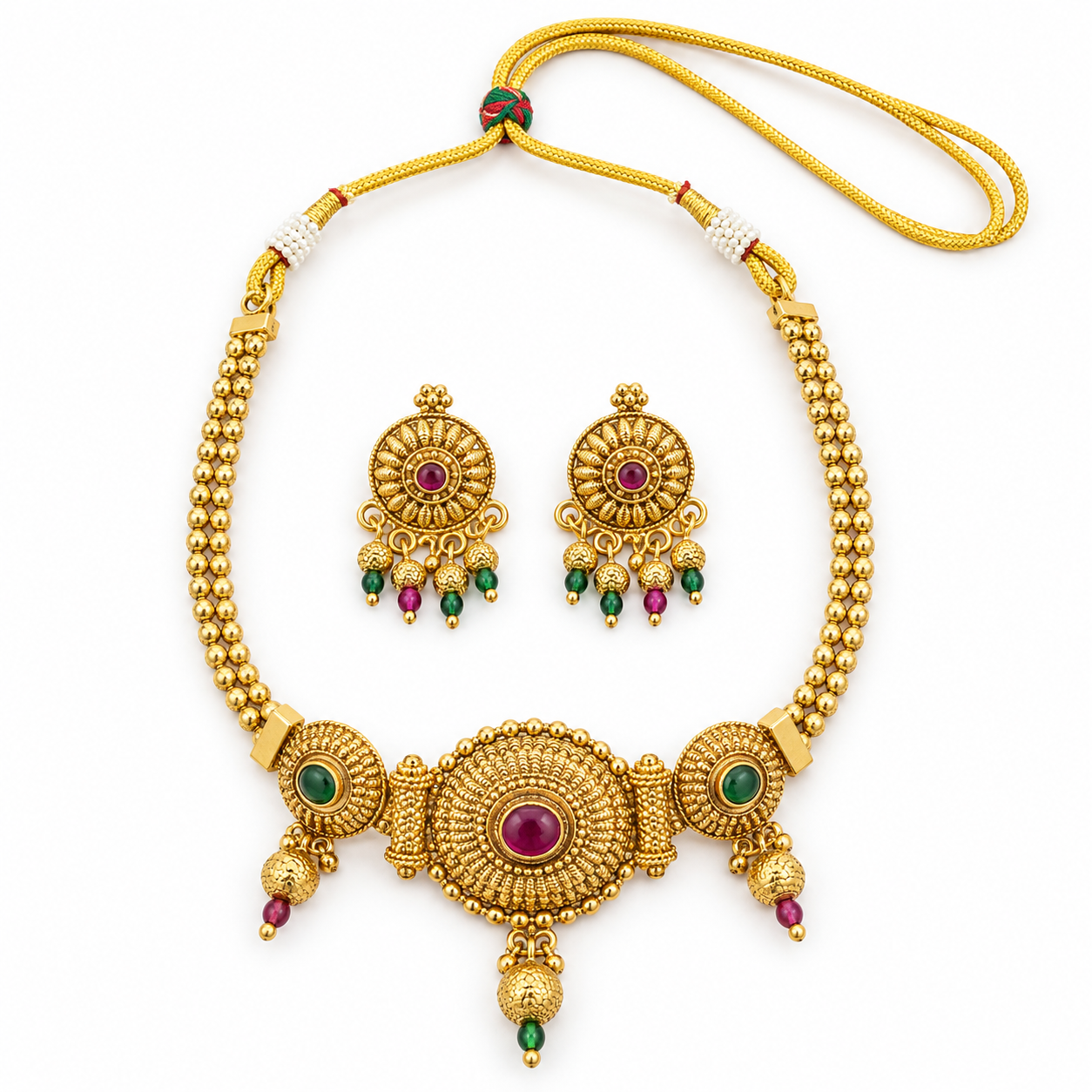 Antique Gold-Tone Round Medallion Necklace Set with Multicolour Bead Earrings