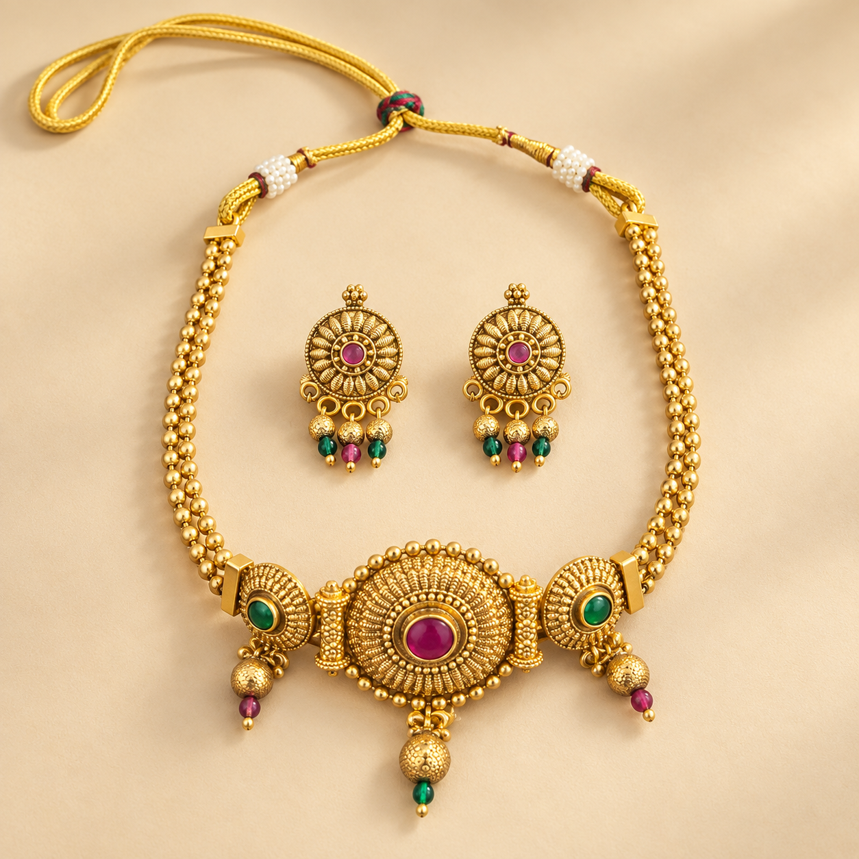 Antique Gold-Tone Round Medallion Necklace Set with Multicolour Bead Earrings