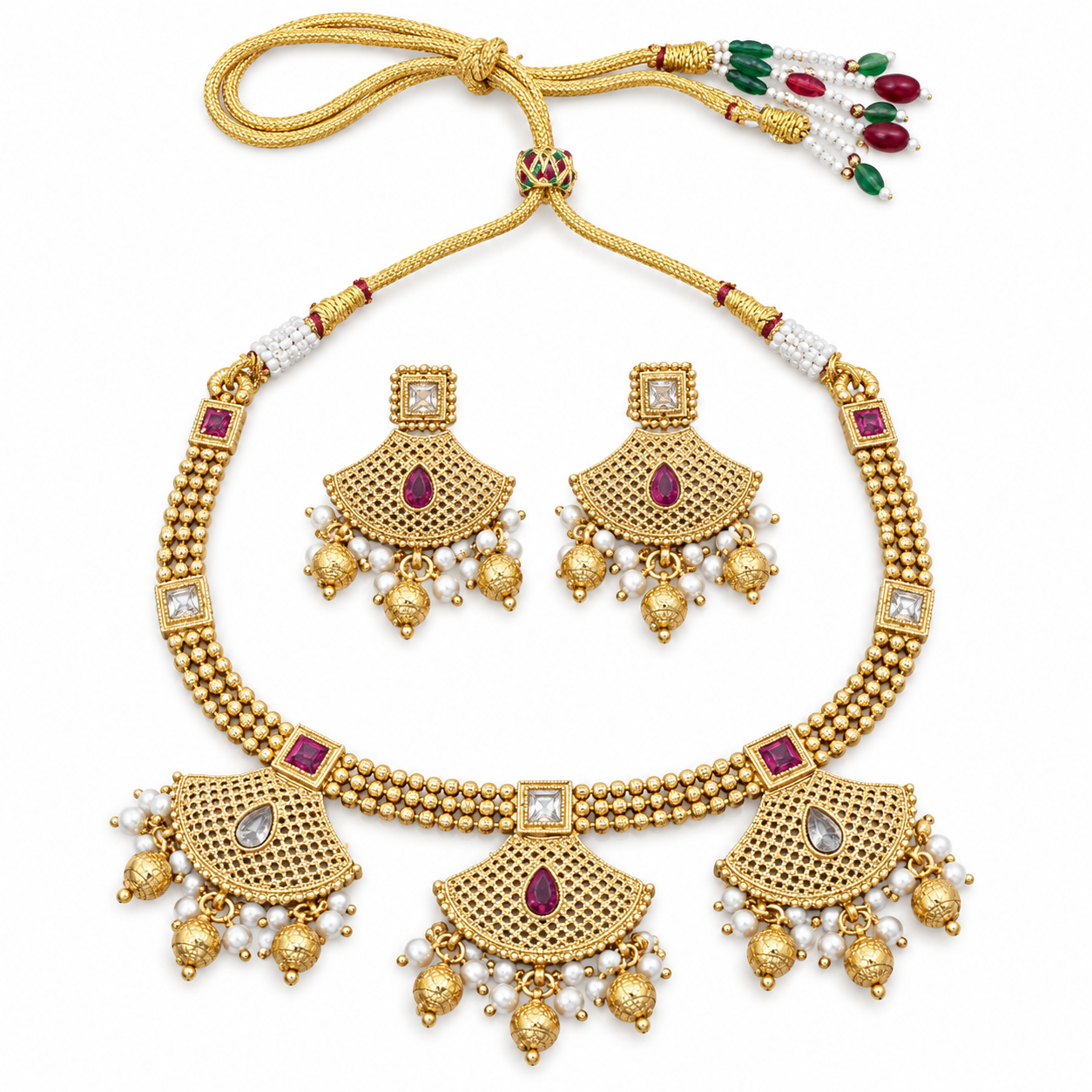 Gold-Tone Triple Fan Pendant Necklace Set with Pearl Bead Drops