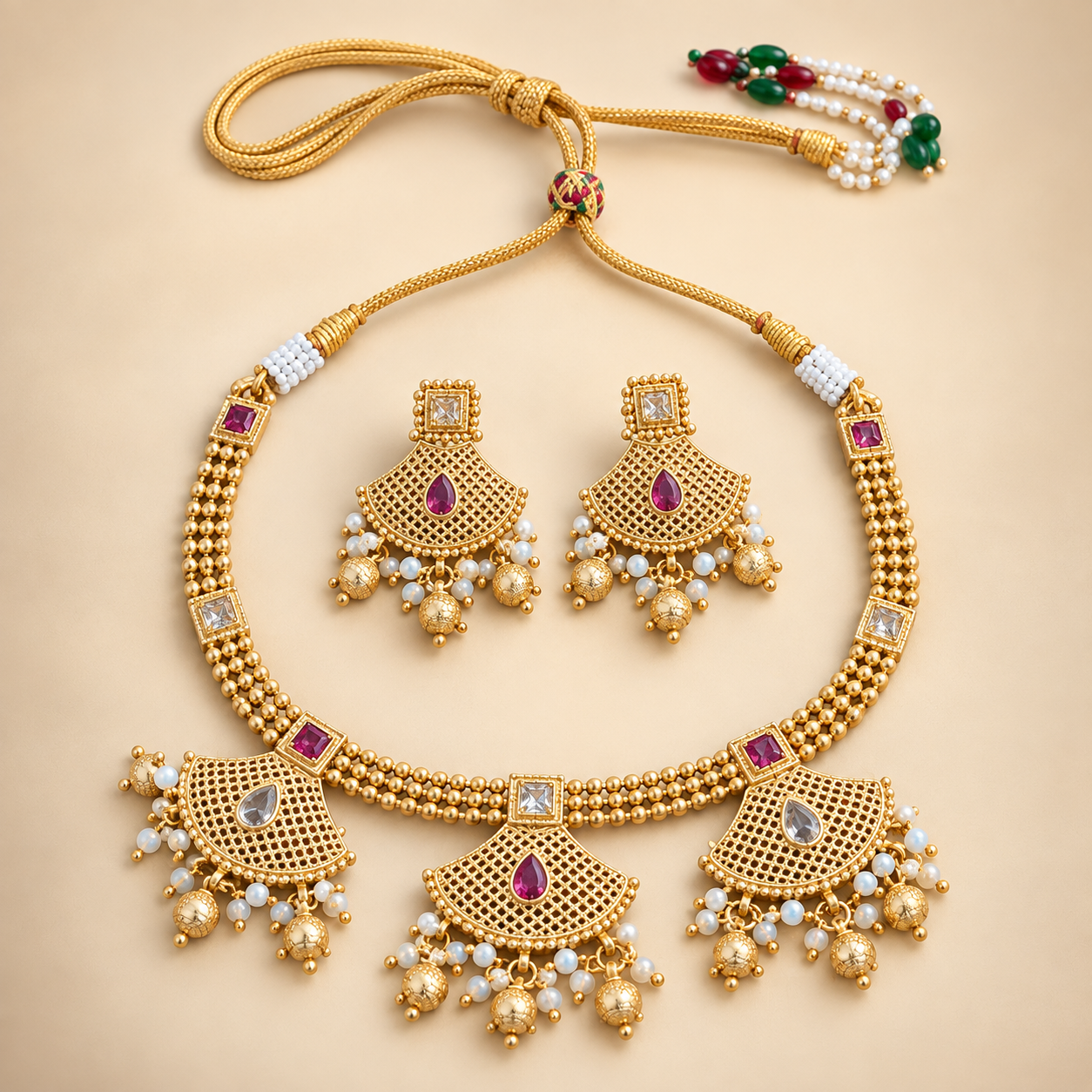 Gold-Tone Triple Fan Pendant Necklace Set with Pearl Bead Drops