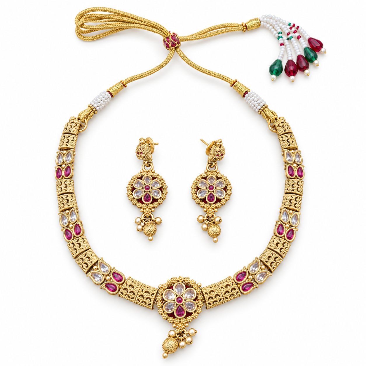 Gold-Tone Floral & Teardrop Stone Necklace Set with Matching Earrings