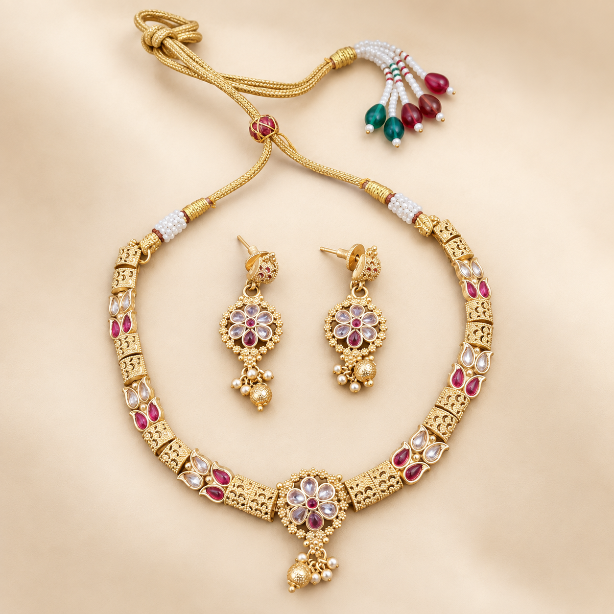 Gold-Tone Floral & Teardrop Stone Necklace Set with Matching Earrings