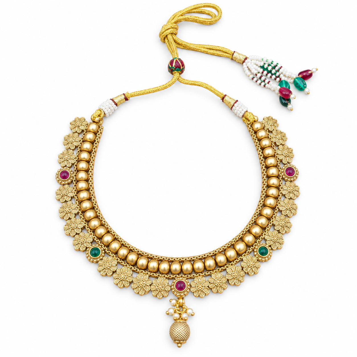 Antique Gold-Tone Floral Fringe Necklace with Multicolour Stone Accents