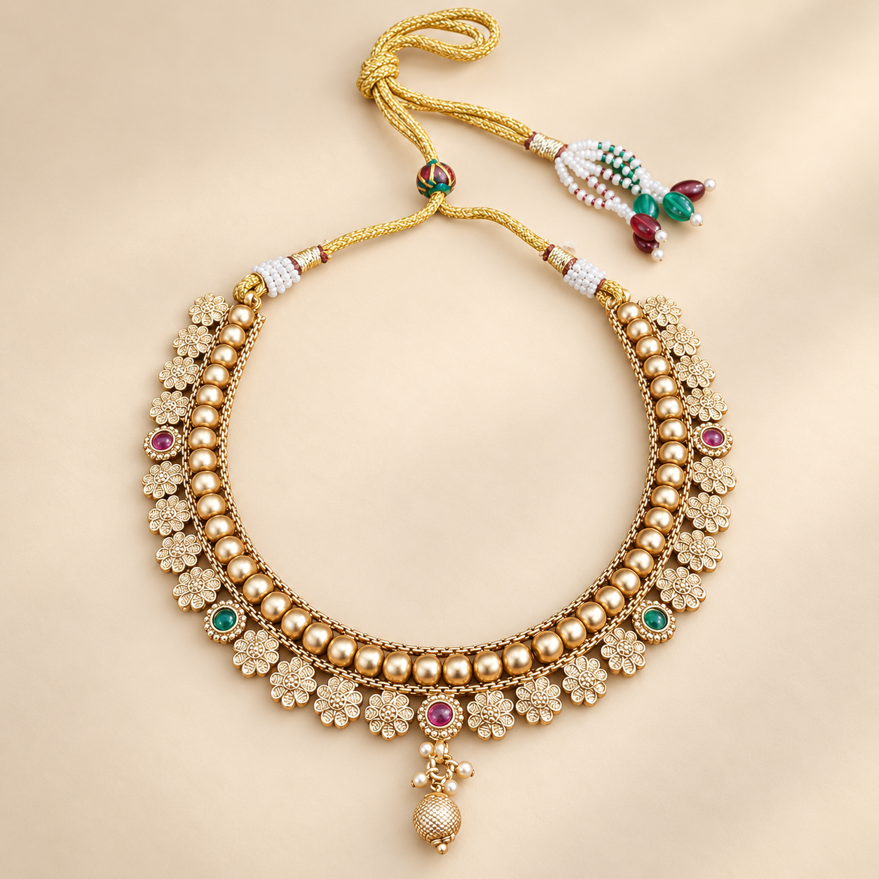 Antique Gold-Tone Floral Fringe Necklace with Multicolour Stone Accents