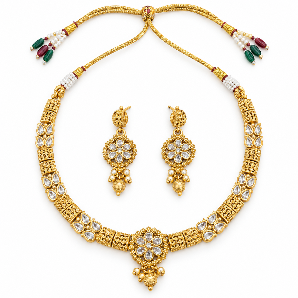 Antique Gold-Tone Clear Teardrop Stone Floral Necklace Set with Matching Earrings