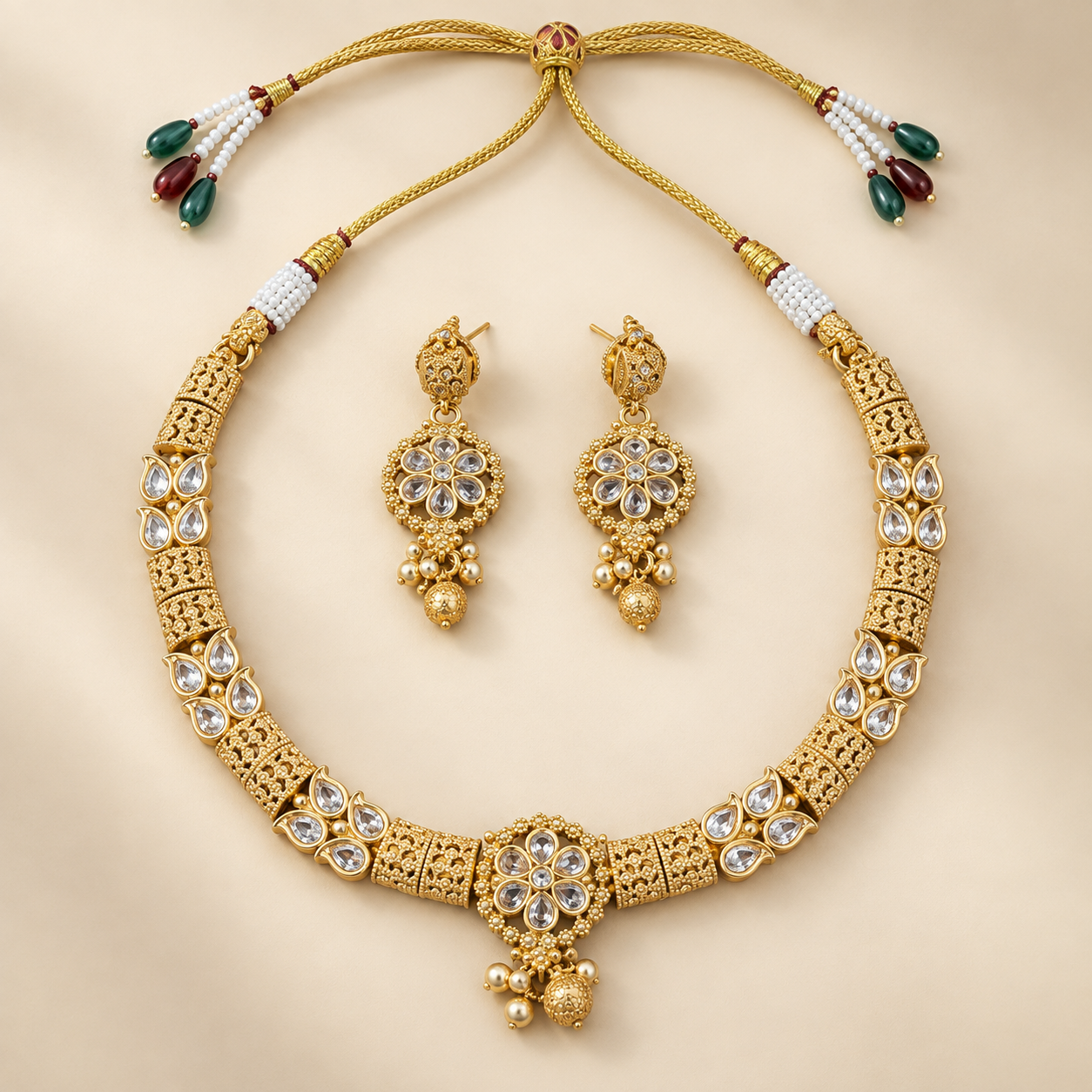 Antique Gold-Tone Clear Teardrop Stone Floral Necklace Set with Matching Earrings