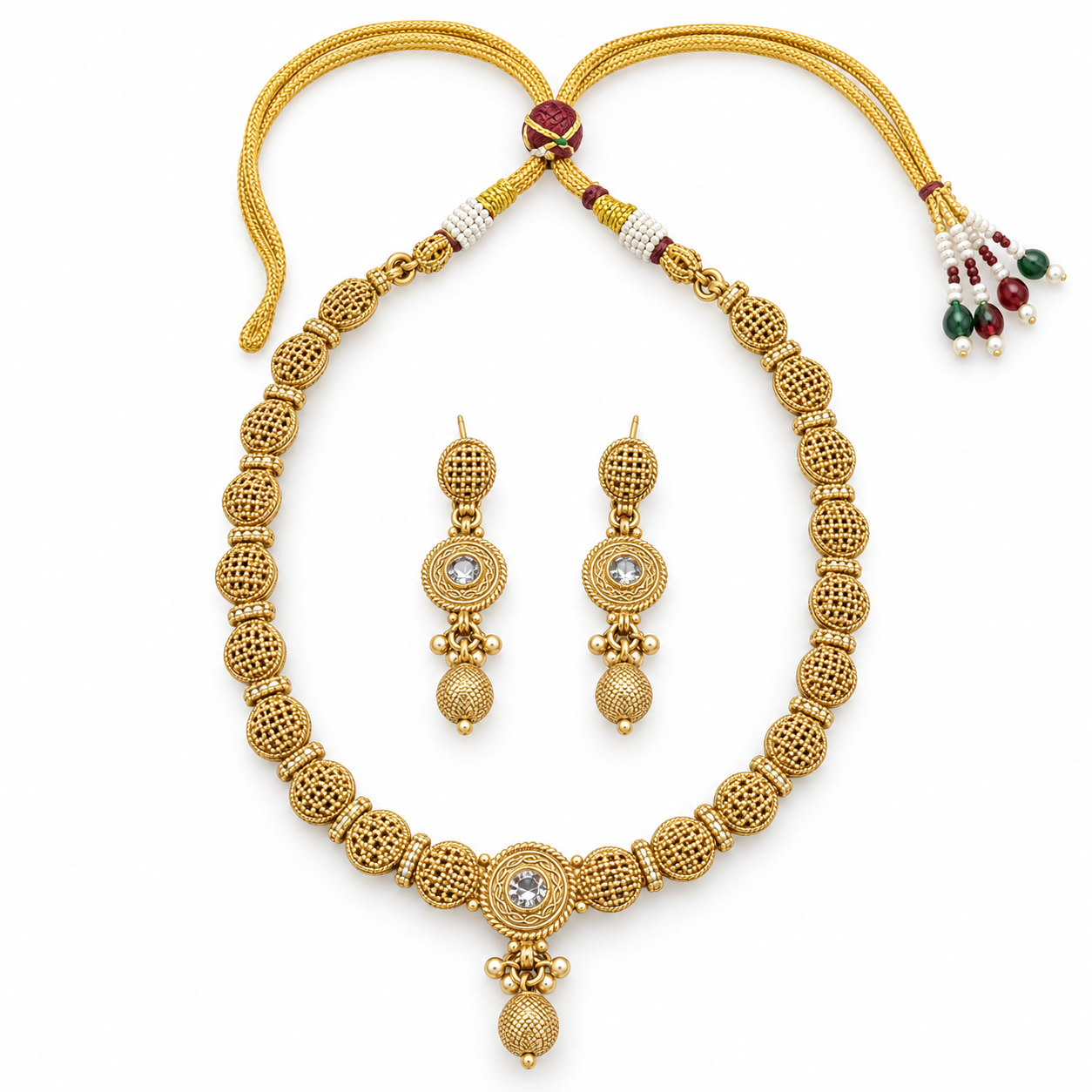 Antique Gold-Tone Oval Filigree Necklace Set with Clear Stone Pendant & Earrings