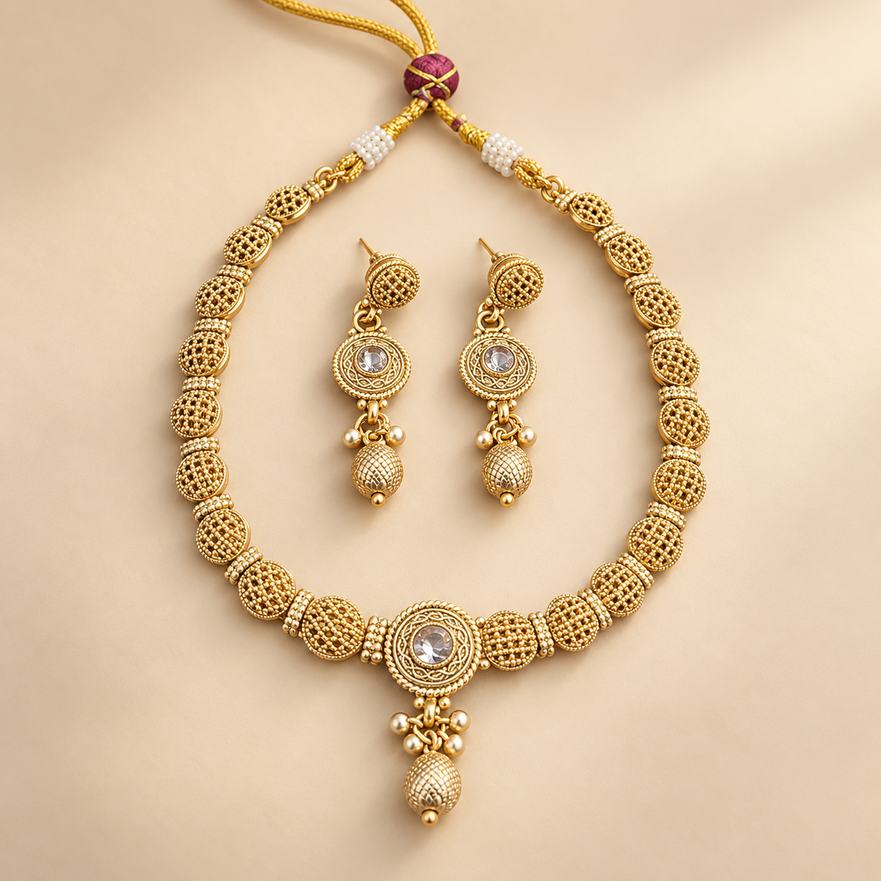 Antique Gold-Tone Oval Filigree Necklace Set with Clear Stone Pendant & Earrings