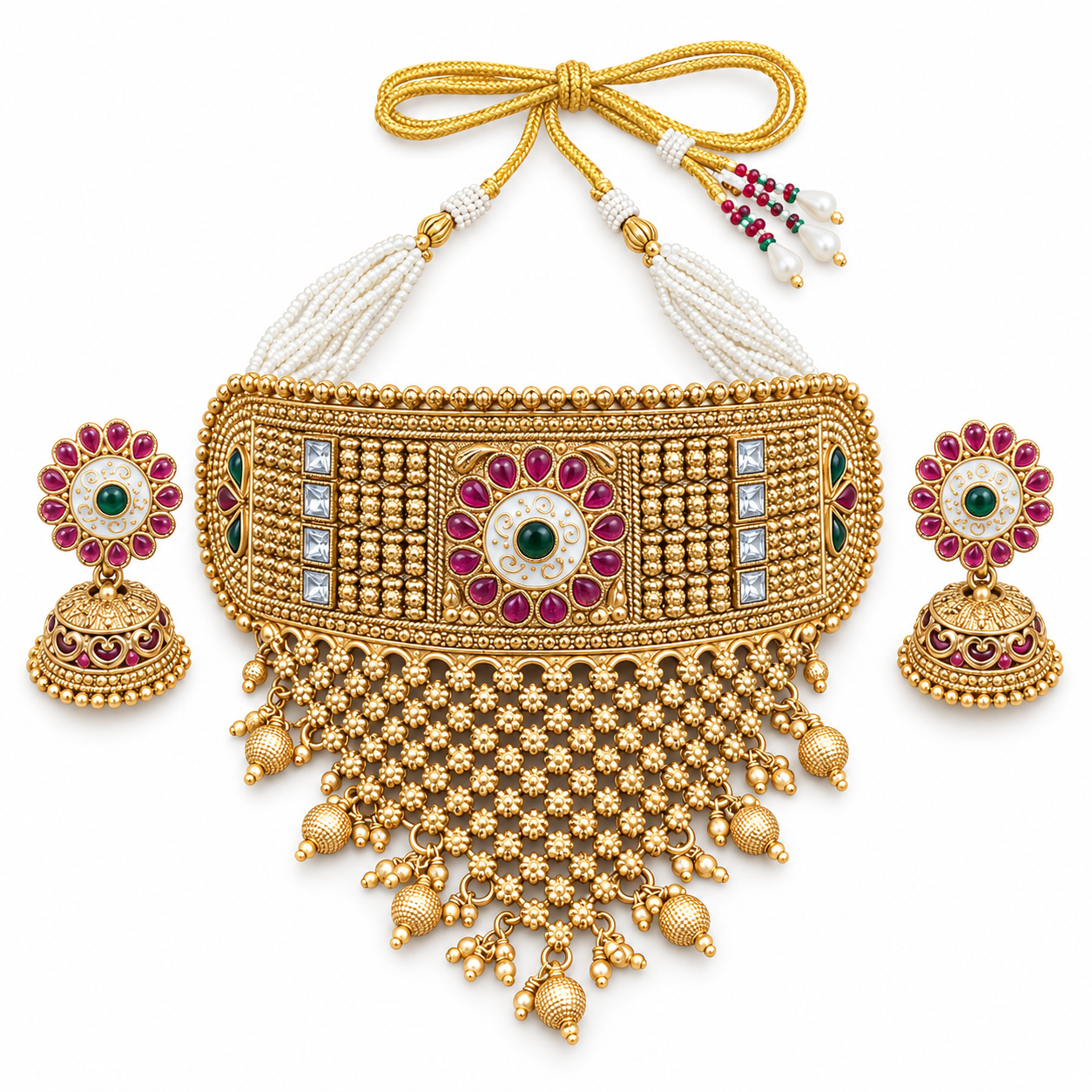 Antique Gold-Tone Broad Bridal Choker Set with Multicolour Stones & Jhumka Earrings