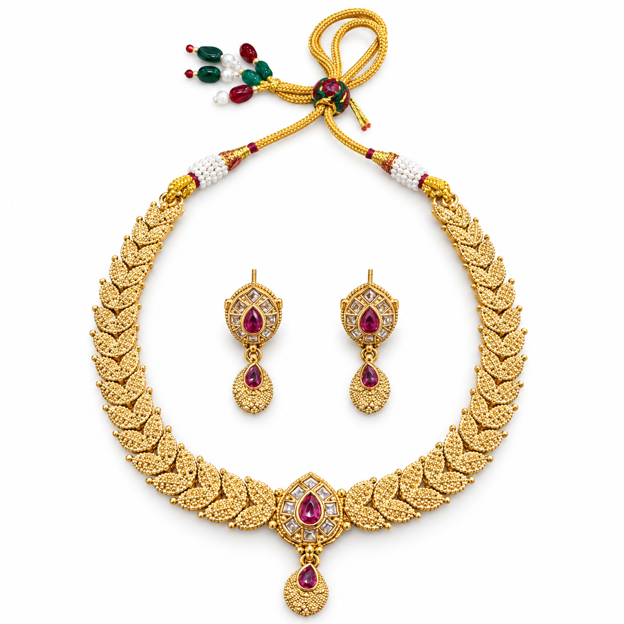 Antique Gold-Tone Leaf Design Necklace Set with Pink Teardrop Stones