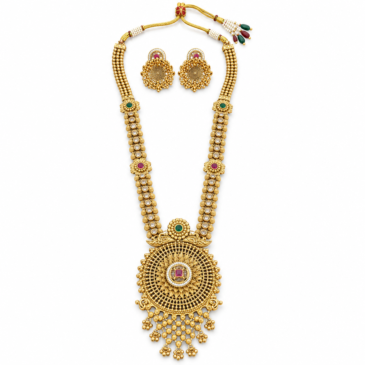 Antique Gold-Tone Long Necklace Set with Grand Round Pendant & Matching Earrings