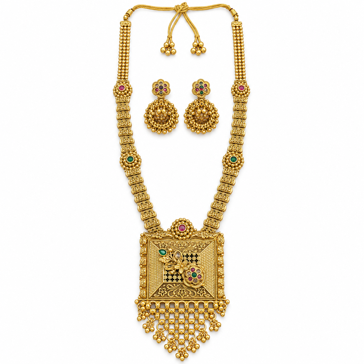 Antique Gold-Tone Long Necklace Set with Engraved Square Pendant & Matching Earrings