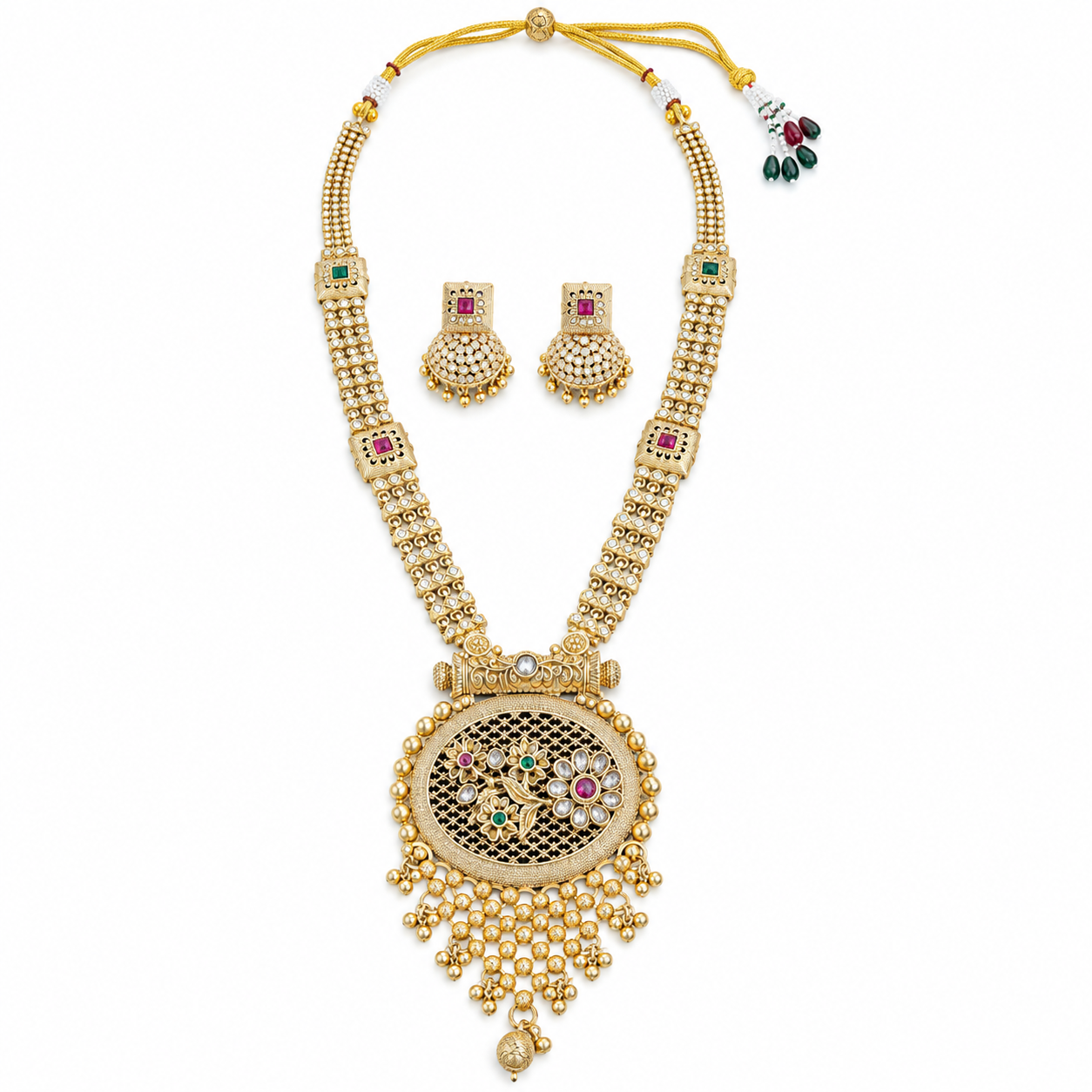 Antique Gold-Tone Long Necklace Set with Floral Jaali Pendant & Matching Earrings