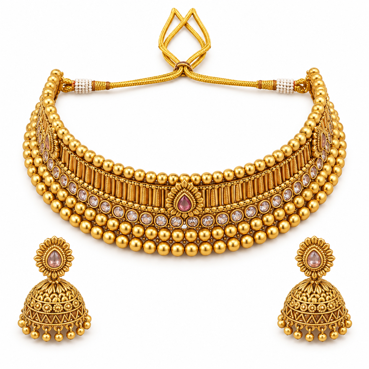 Antique Gold-Tone Layered Bead Choker Set with Teardrop Stones & Jhumka Earrings