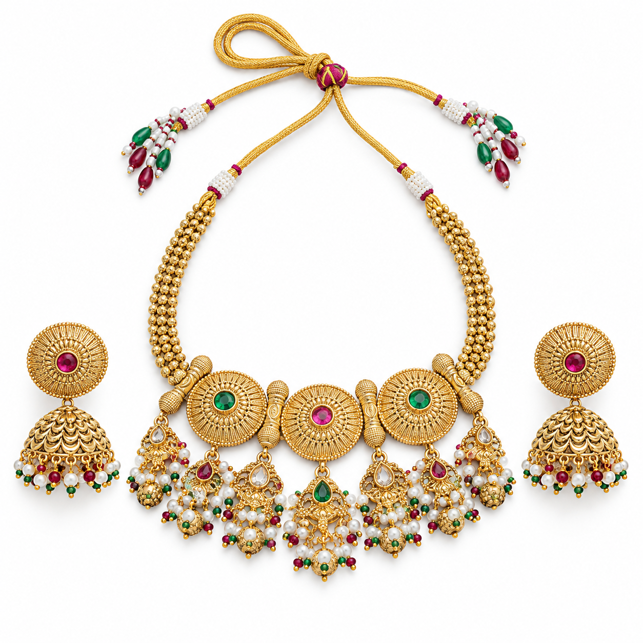 Antique Gold-Tone Round Medallion Necklace Set with Multicolour Beads & Jhumka Earrings