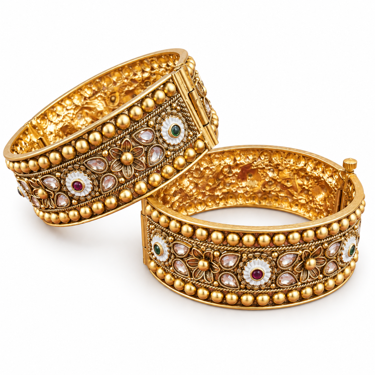 Antique Gold-Tone Floral Stone Broad Kada Bangles – Pair