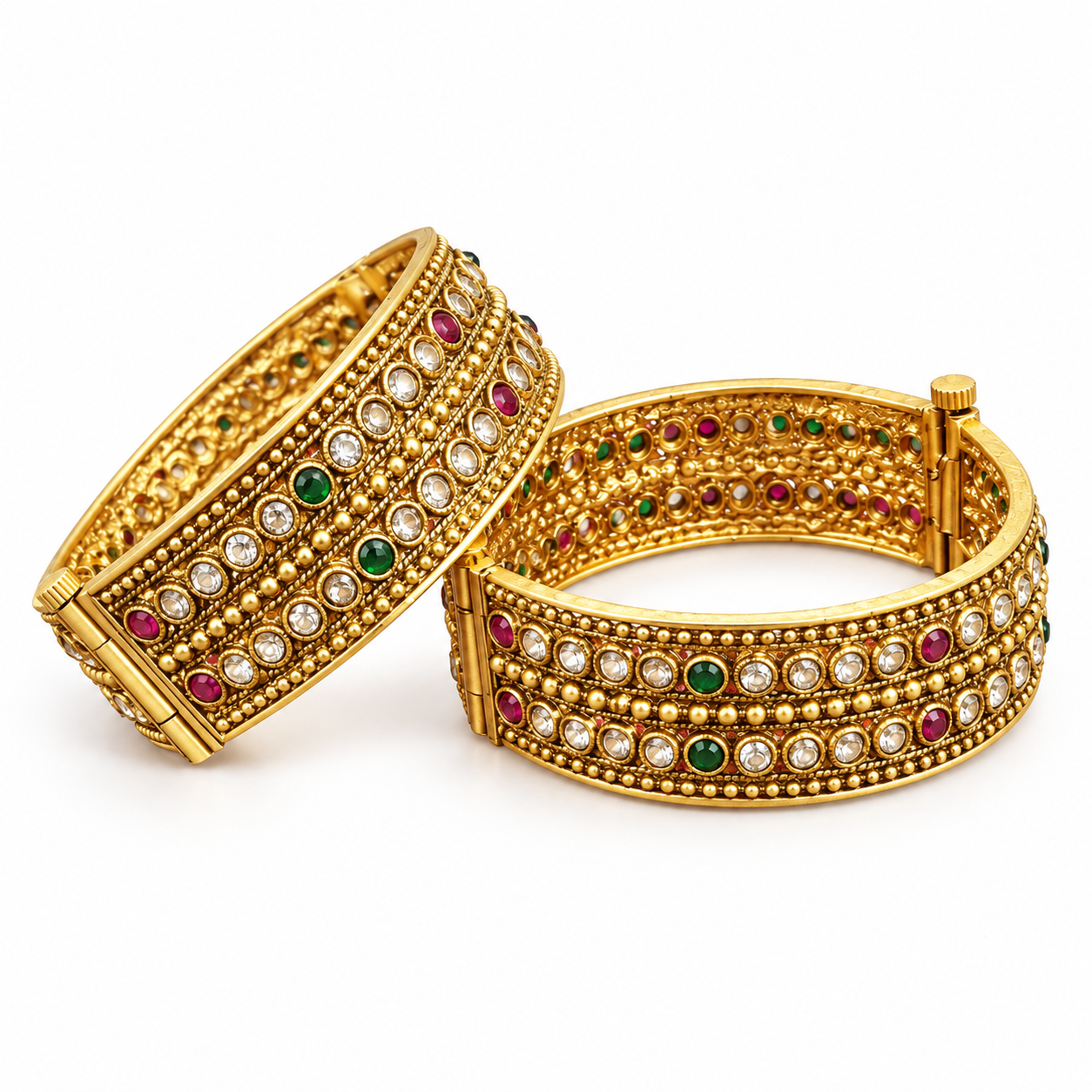 Antique Gold-Tone Multicolour Stone Broad Kada Bangles – Pair