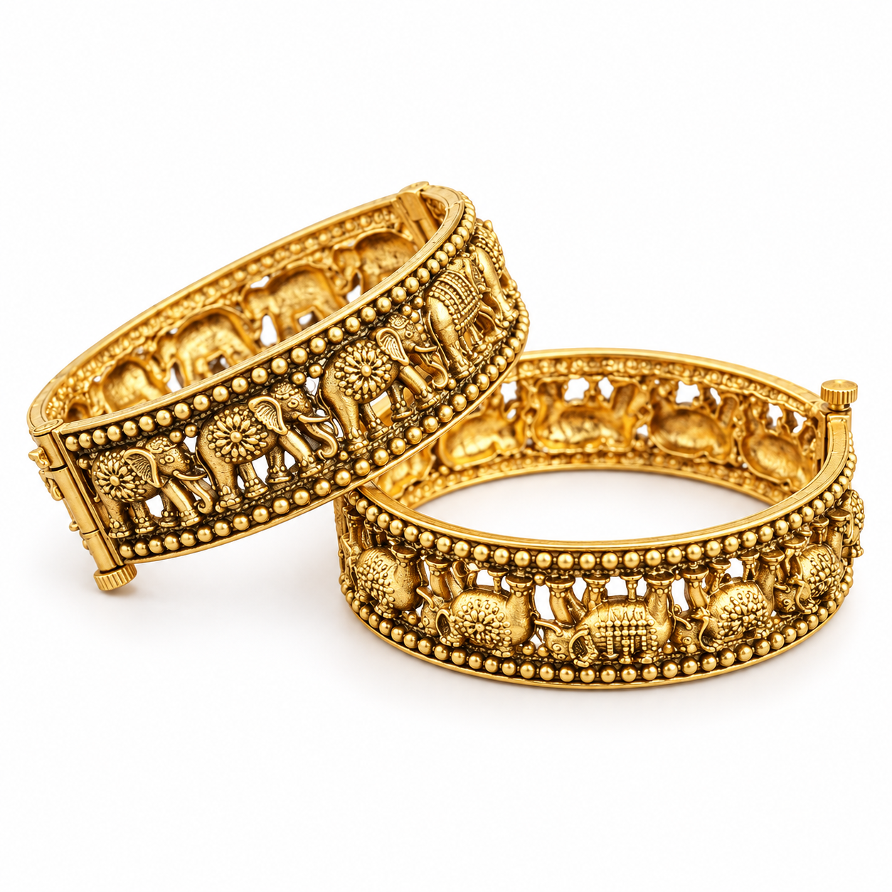 Antique Gold-Tone Elephant Motif Broad Kada Bangles – Pair
