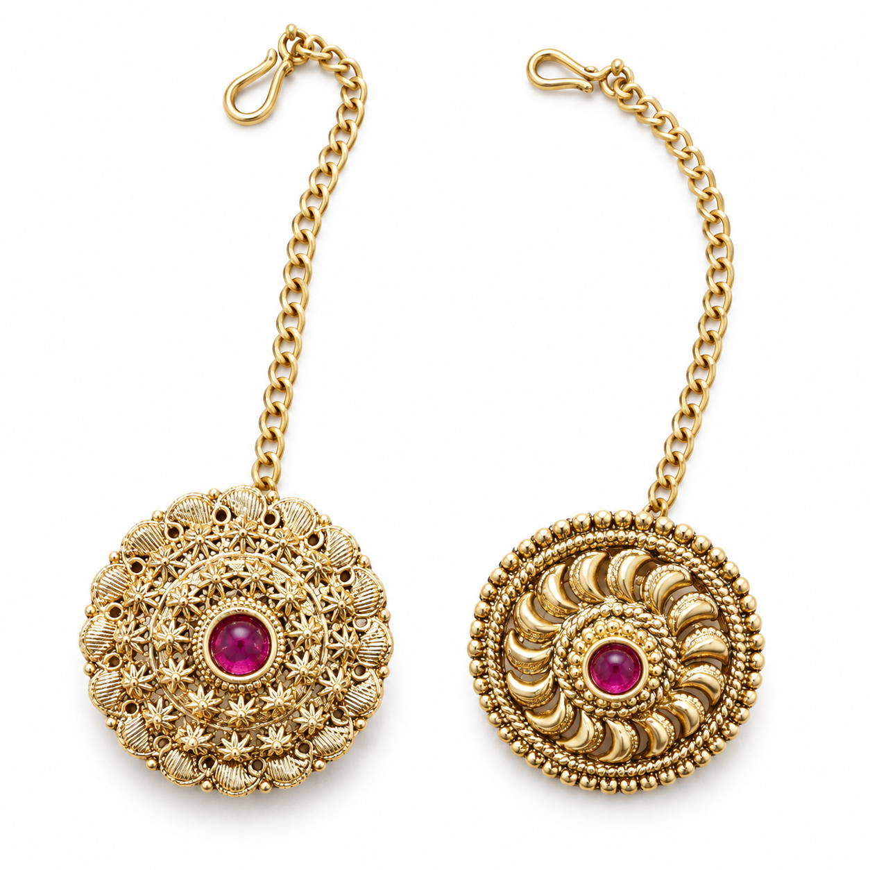 Antique Gold-Tone Round Motif Bajuband Pair with Pink Stones